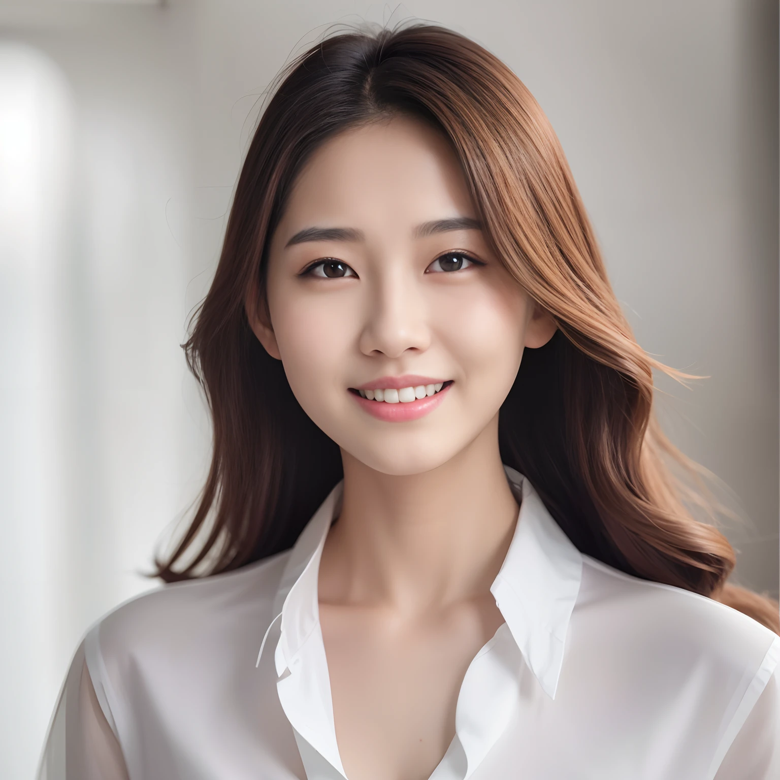 A close up of a woman with long hair wearing a white shirt - SeaArt AI