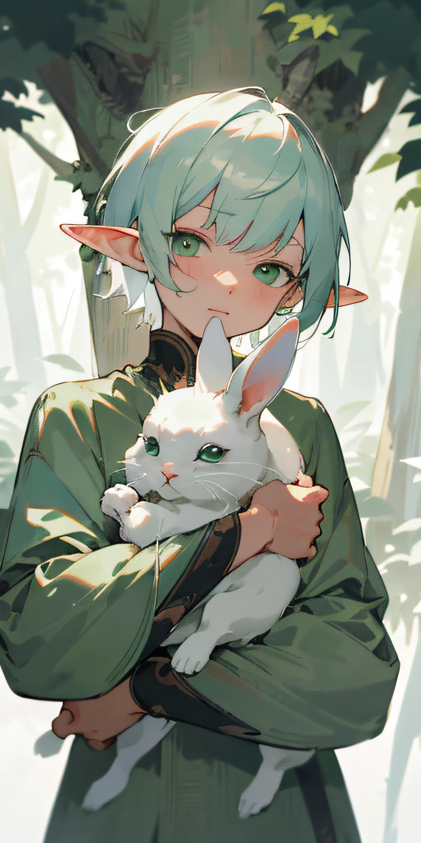 (absurderes, A high resolution, Ultra detailed), 1 elf boy , with short white hair, Green eyes, bangs, Green long sleeves, adventurer, finely detailed eyes and detailed face, Extremely detailed Cg Unity 8K wallpaper, Intricate details, Portrait, view the viewer, Solo, (full bodyesbian:0.6), Detailed background, Detailed face, (matrix theme:1.1) winter, ln the forest, day, Holding a small white rabbit in his arms