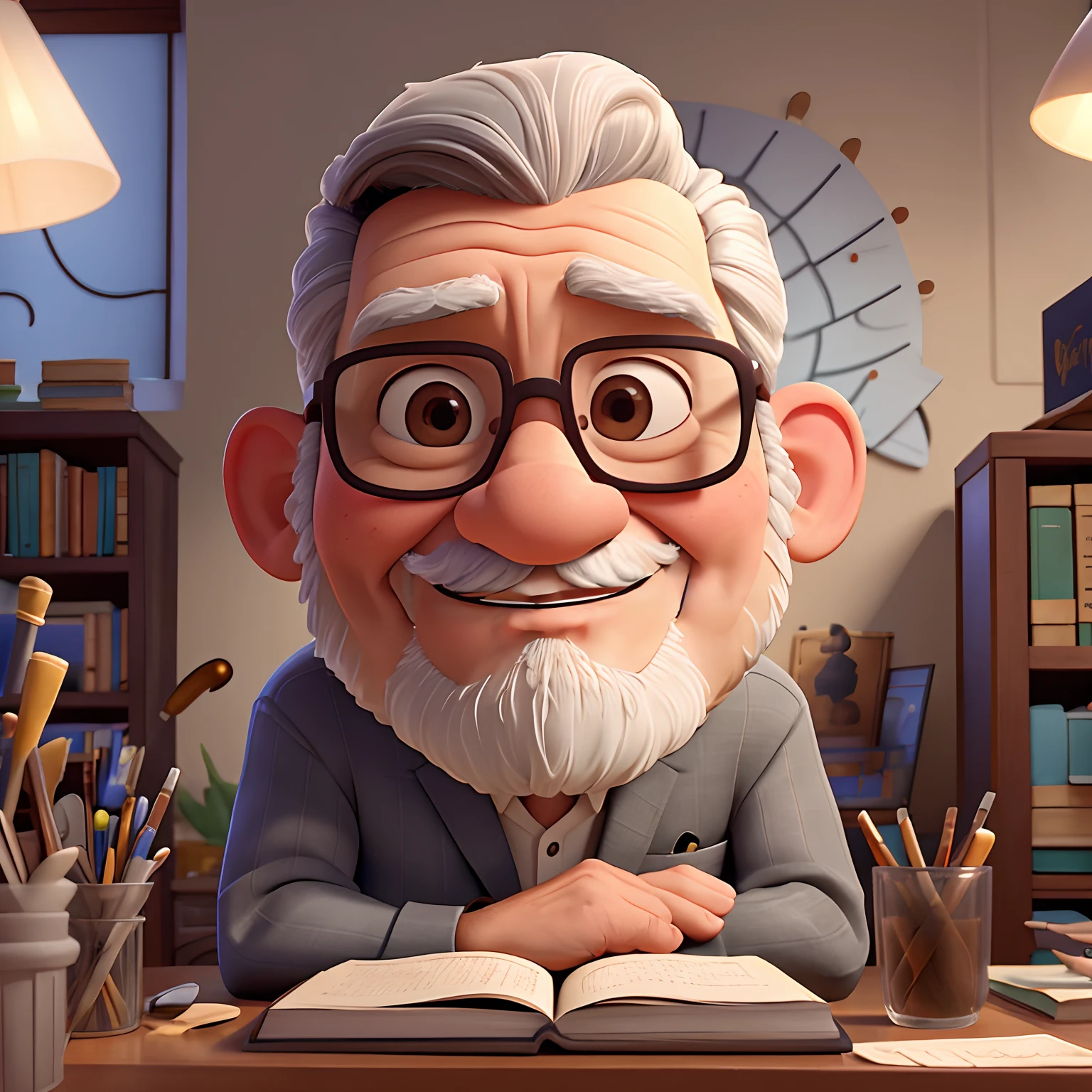 velho, inspirado na Disney Pixar, Inspirado pelo pastor ( Rubens Janeiro ) A gray-haired man wearing glasses in an office with a book on the table looking to the serious future, old man, cabelos grisalhos, um terno
