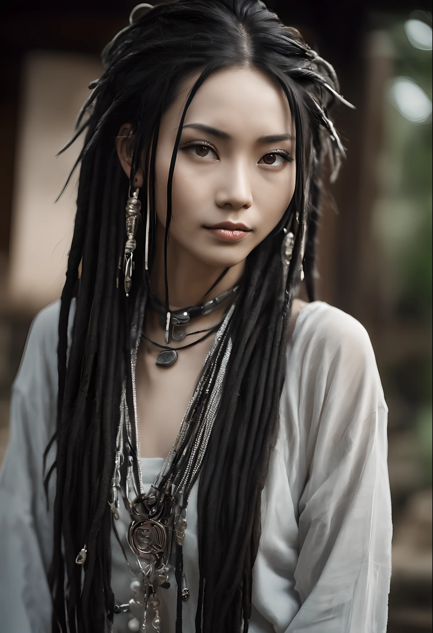 close up portrait photography, beautiful japanese woman with very long thin black dreadlocks much loose hair, long beautiful slender face with friendly visible smirk, beautiful big eyes, elegant silver face chains accessories, fantasy tribal inspired