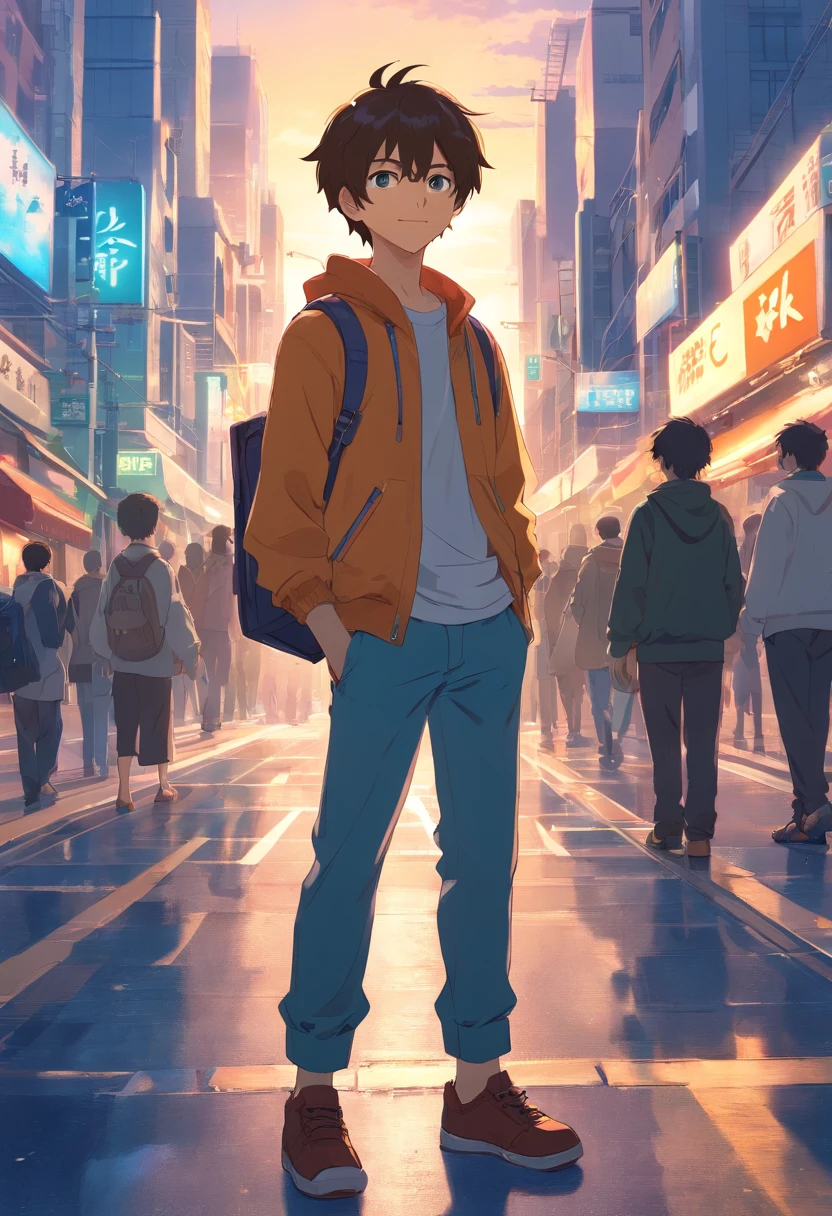 A boy, transformed into an anime style, with exaggerated unique facial features and clothing, standing on a bustling city street, backlit background highlighting the subject, high-contrast colors, 4K high-definition quality,young, smiling, handsome