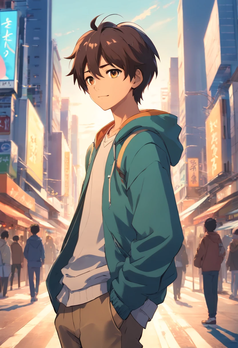 A boy, transformed into an anime style, with exaggerated unique facial features and clothing, standing on a bustling city street, backlit background highlighting the subject, high-contrast colors, 4K high-definition quality,young, smiling, handsome