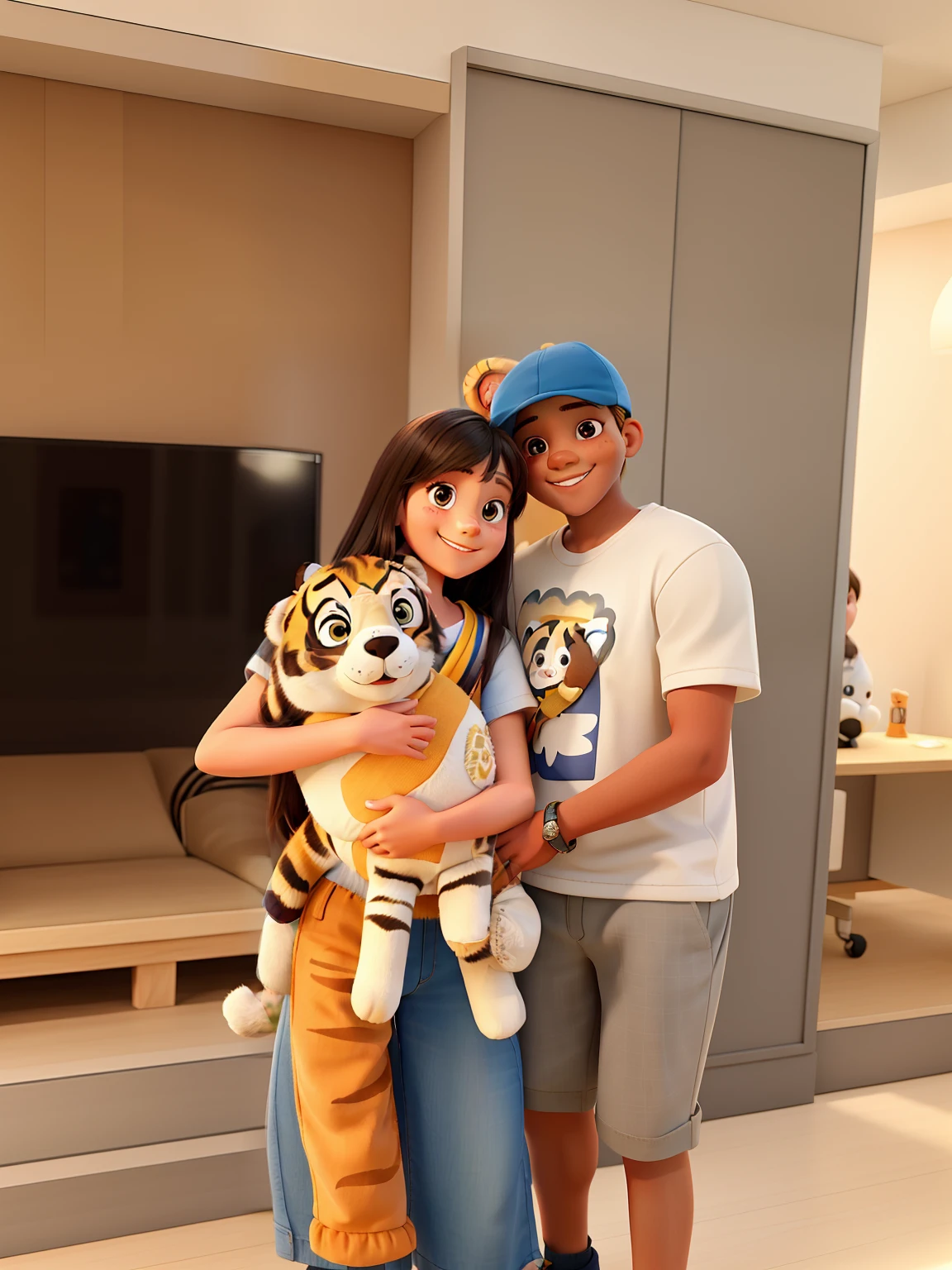 1 girl with straight hair and happy face, 1 boy with a happy face and a cap, This couple is holding a smiling who is holding his tiger bear.