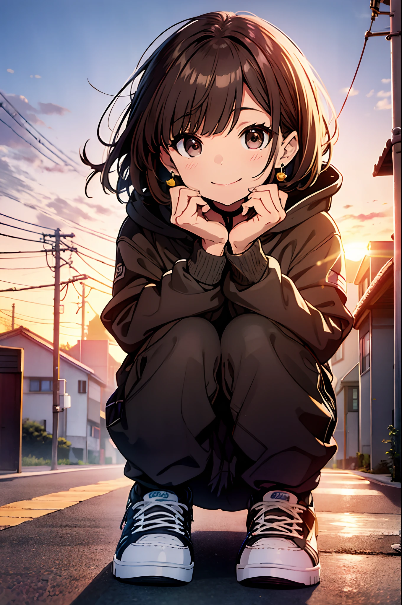 42-year-old woman、skin tanned、Praying to the Heavens for Peace、Smile with your mouth wide open、top-quality、Raw photography、hight resolution、Short Bob、short bangs、Highlights on brown hair、black eyes、 Large hoodies、goldsmith earrings、Large white shoes、Detailed limb depiction.Best Quality、Beautiful sunset、beautiful night scene、a smile、Depiction looking up from below、