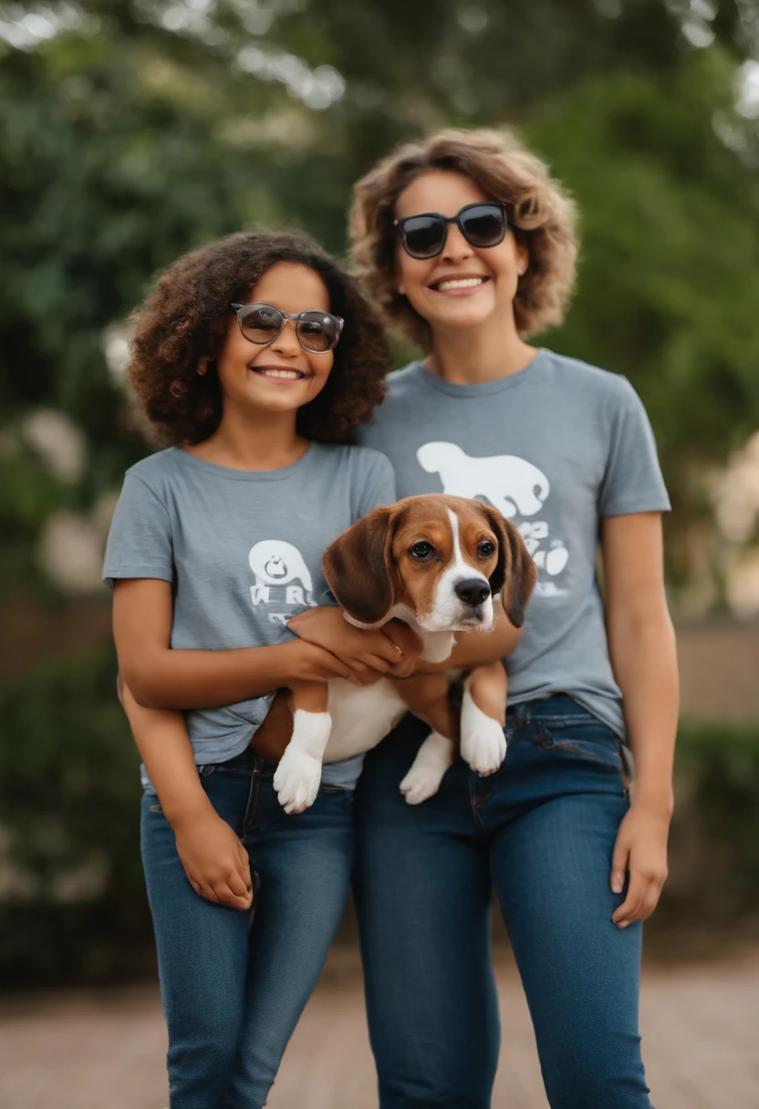 Pixar. Casal com um filhote de cachorro beagle marrom. A menina tem os cabelos loiros amarrados, Camiseta cinza e jeans claro, white glasses. O menino de cabelos pretos com cabelos grisalhos, barba pequena, oculos, Dark blue jeans and gray t-shirt. They are both smiling and are 40 years old