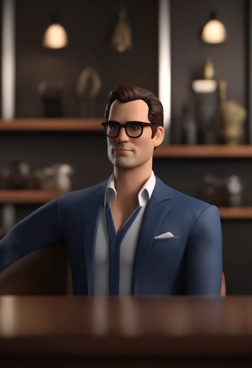 Henry Cavill with black glasses, cabelo liso preto e uma camisa azul, animation character, Caractere estilizado, animation style rendering, 3D estilizado, Arnold Maya render, 3 d render stylized, toon render keyshot, Personagem 3D, Personagem 3D, 3d rendering stylized, 3 d character render, personagem de desenho animado, Personagem de close up, Pose de personagem, (Estilo Pixar) (master part:1.2) (Bokeh) (best quality) (pele detalhada) (textura detalhada) (8k) (argila) (Cinematic lighting) (foco nítido