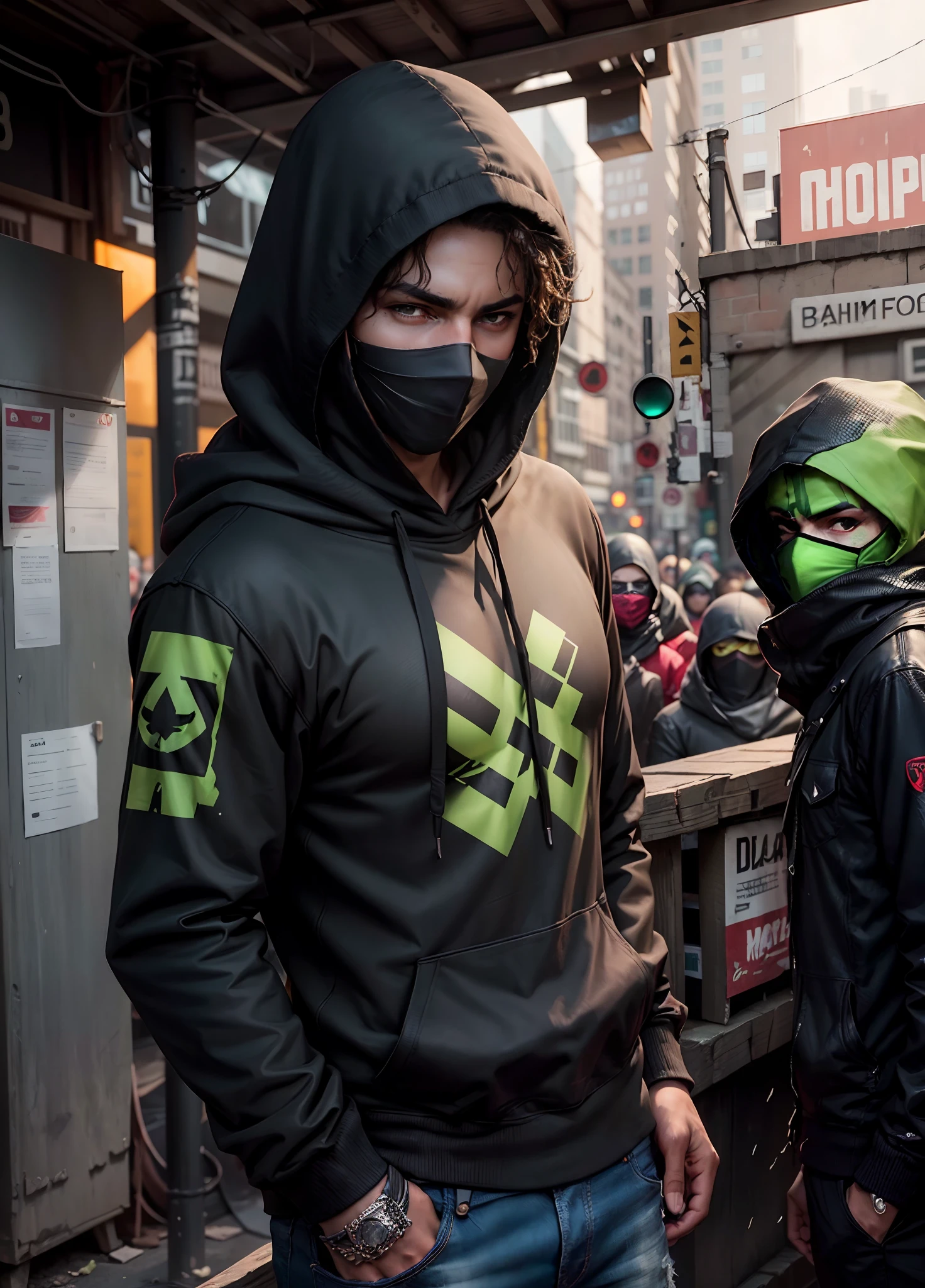 arafed man in a black hood and a green mask, masked person in corner, black hood, balaclava covering face, wearing a dark hood, balaclava, ski mask, clothed in hooded, green hood, balaclava mask, wearing bandit mask, wearing all black mempo mask, wearing a hoody, wearing a hood