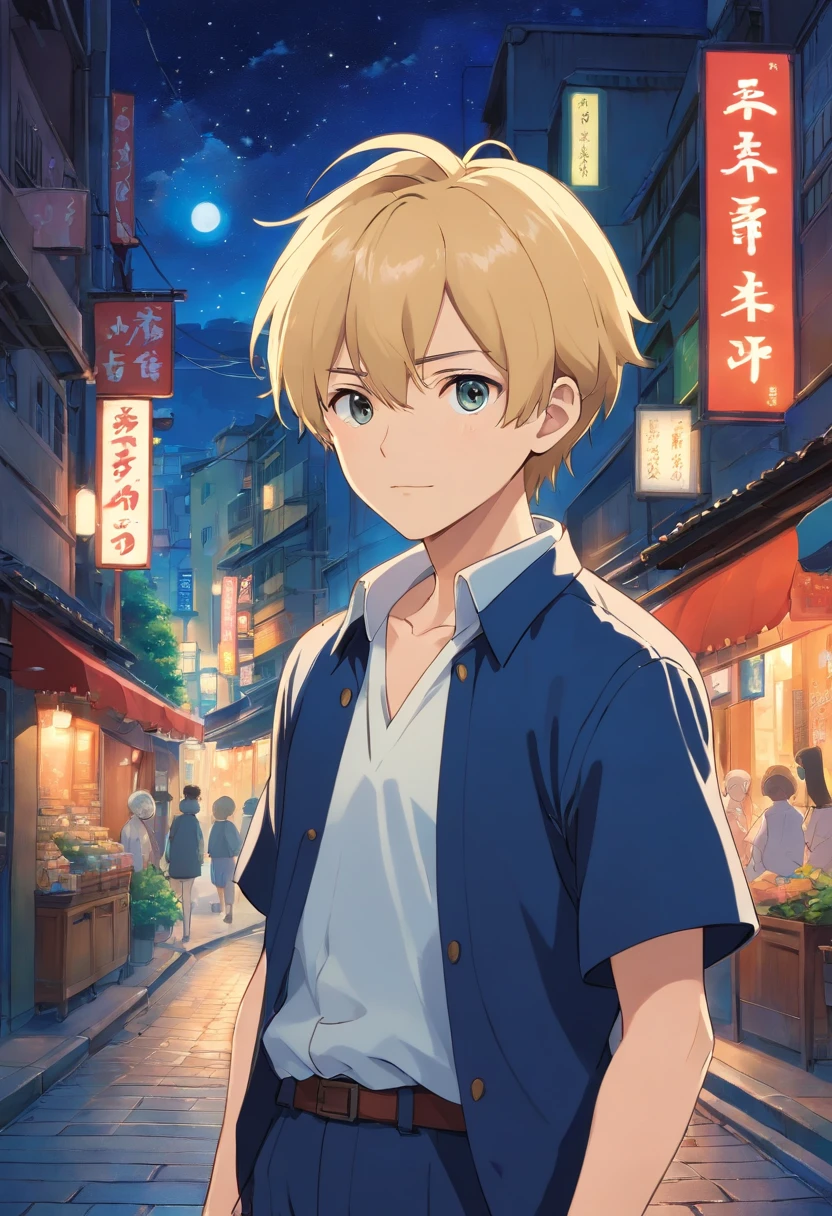 Short-haired Japanese anime man with very short blonde hair and beard, full body, wearing dark blue set-up, white shirt, bright night downtown area