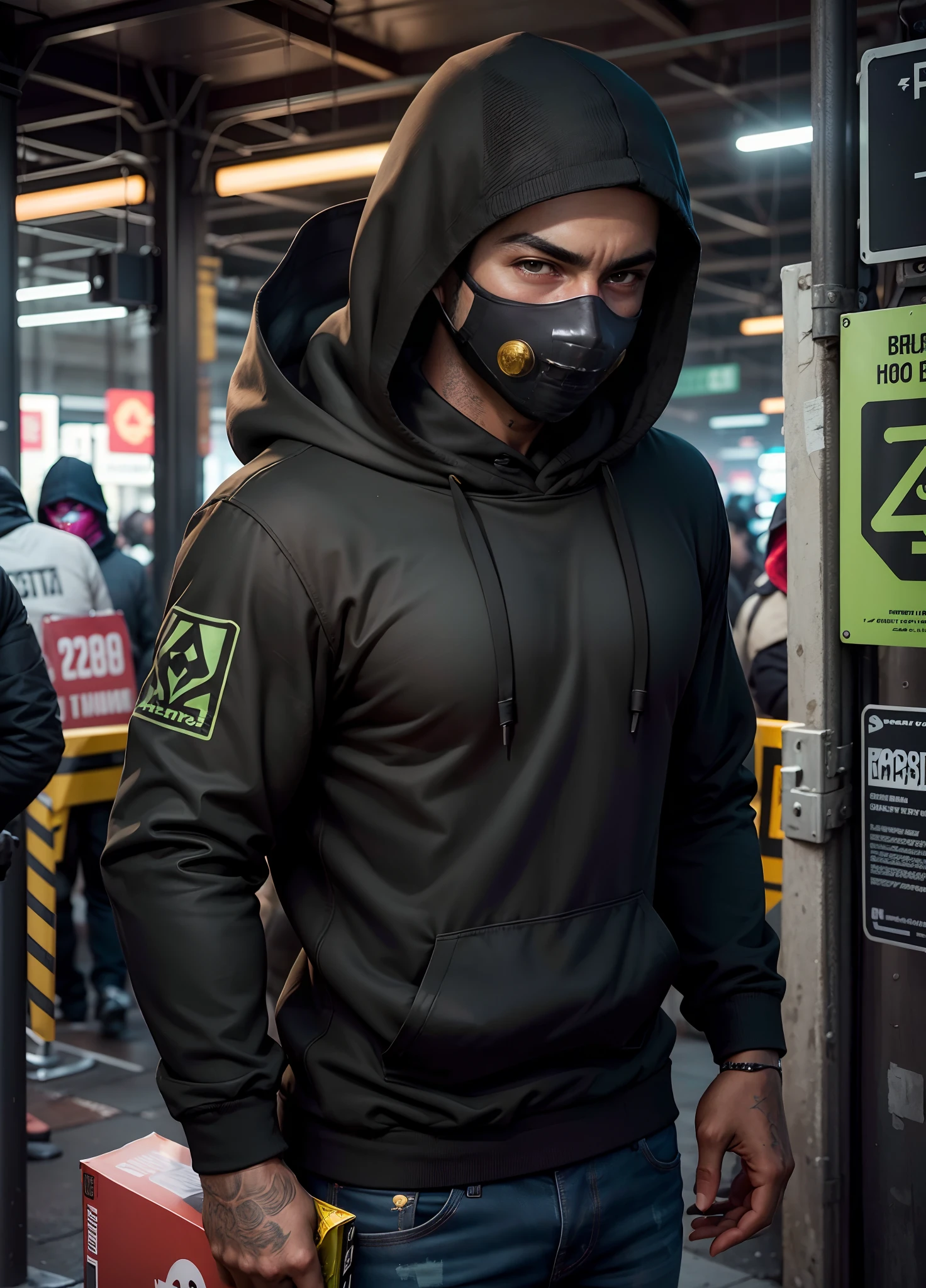 arafed man in a black hood and a green mask, masked person in corner, black hood, balaclava covering face, wearing a dark hood, balaclava, ski mask, clothed in hooded, green hood, balaclava mask, wearing bandit mask, wearing all black mempo mask, wearing a hoody, wearing a hood