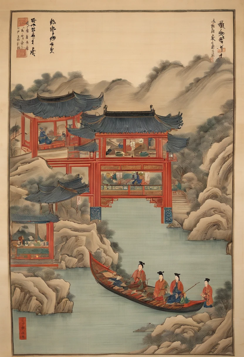 Hundred views of the Ming Dynasty,Kaido outdoor cafeteria 铺子,rowing,Fuqin,Tea,Play,Watching dramas and other life content,It looks like trade is booming,Lots of shops,A lively sight,There is a lot of furniture from the Ming Dynasty,Hand-painted scrolls,100 views