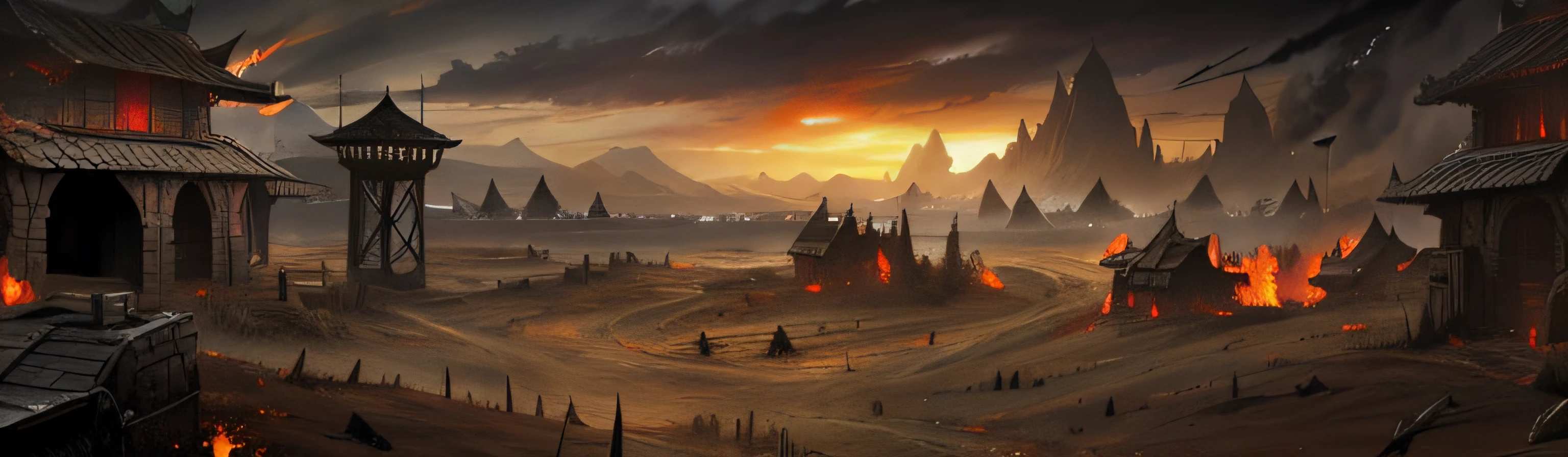 There is a fantasy scenario,There is fire, Burning battlefield background, fantasy apocalypse environment, War landscape, battle landscape, 4k morrowind concept art, apocalyptic scenery, The consequences of a big war, apocalyptic landscape, background artwork, painted as a game concept art, Background: Battle scene, bloodbath battlefield background, dota! matte painting concept art