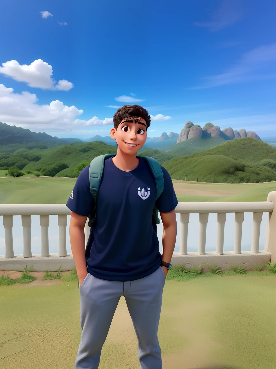 Um jovem aventureiro em uma paisagem deslumbrante com um belo sorriso no rosto