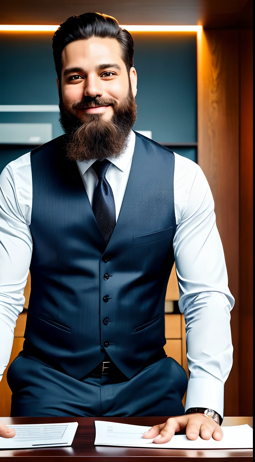 Portrait of New York businessman with neat beard sitting behind desk in suit, SYMPATHETIC HALF BODY, com sorriso de canto. Este homem deve ser bonito e elegante Imagens devem ser 8K、Behind him you need to see New York、lado a lado、Looking at a a camera