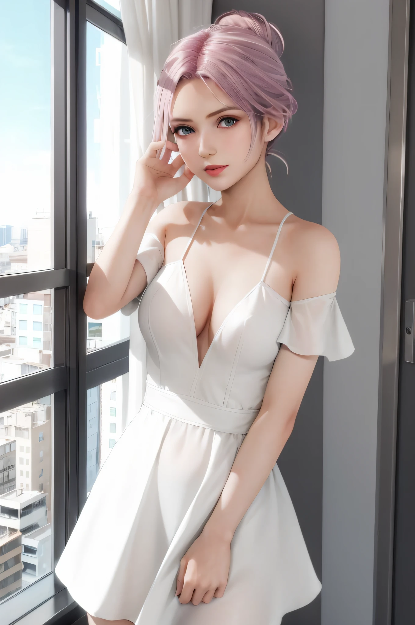 elise, 1girl, minimalist chic dress, high rise apartment