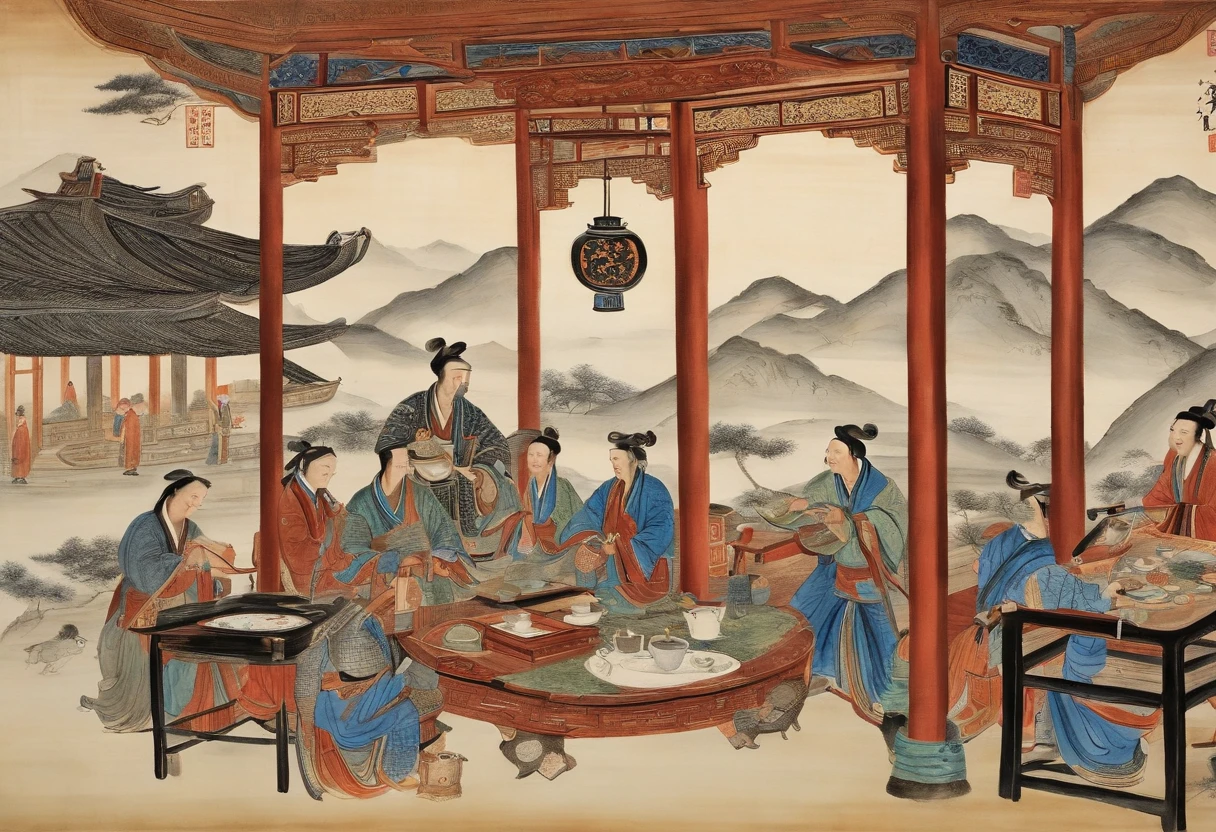 Hundred views of the Ming Dynasty,Kaido outdoor cafeteria 铺子,rowing,Fuqin,Tea,Play,Watching dramas and other life content,It looks like trade is booming,Lots of shops,A lively sight,There is a lot of furniture from the Ming Dynasty,Hand-painted scrolls,100 views