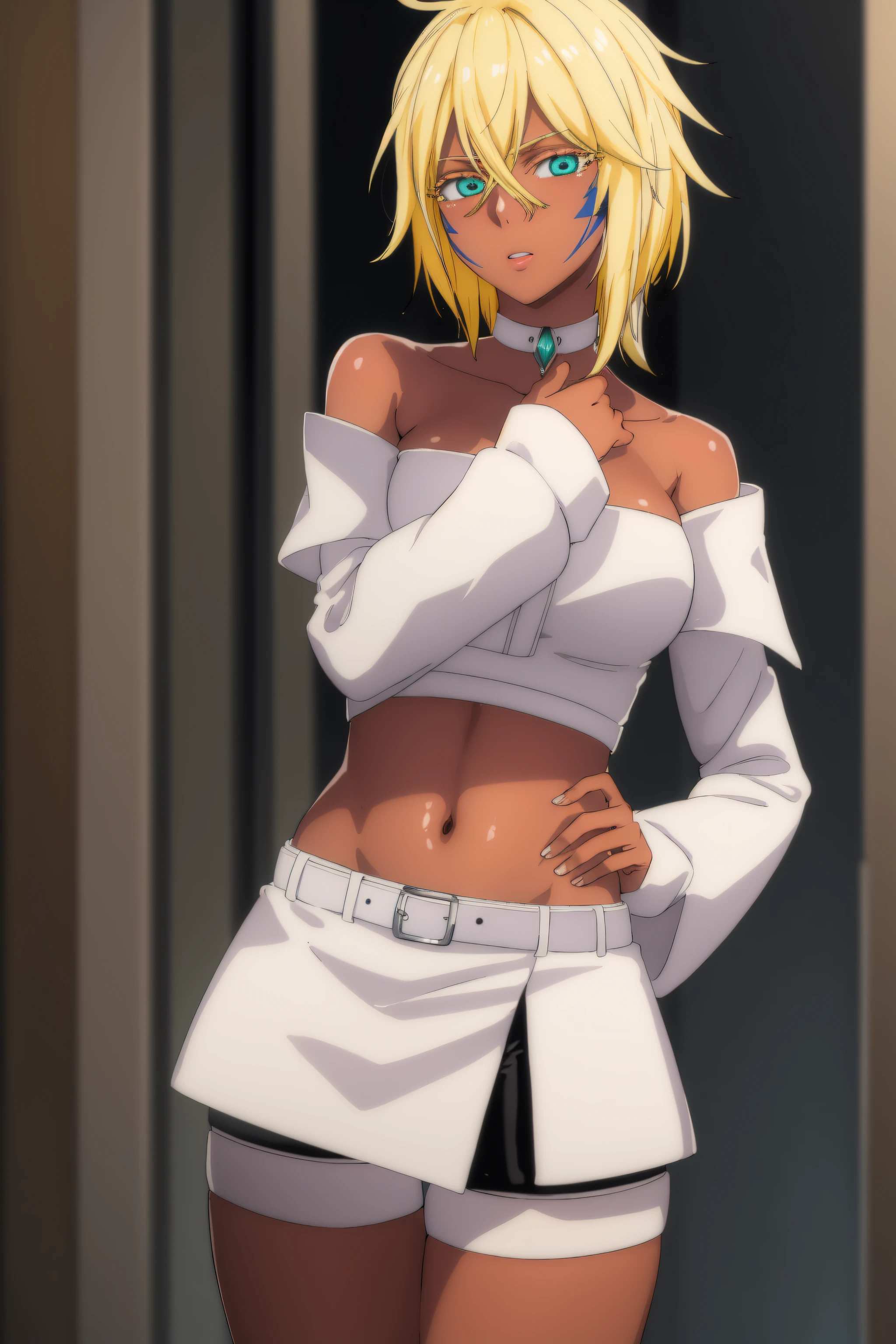 halibeltier, halibel tier, short hair, blonde hair, green eyes, dark skin, dark-skinned female, facial mark,
BREAK black choker, off shoulder, cropped jacket, white jacket, long sleeves, midriff, belt, black shorts, short shorts, single thighhigh, fishnets,
BREAK outdoors,
BREAK looking at viewer, (cowboy shot:1.5),pose, hand on hip,
BREAK (masterpiece:1.2), best quality, high resolution,NSFW ,unity 8k wallpaper, (illustration:0.8), (beautiful detailed eyes:1.6), extremely detailed face, perfect lighting, extremely detailed CG, (perfect hands, perfect anatomy),