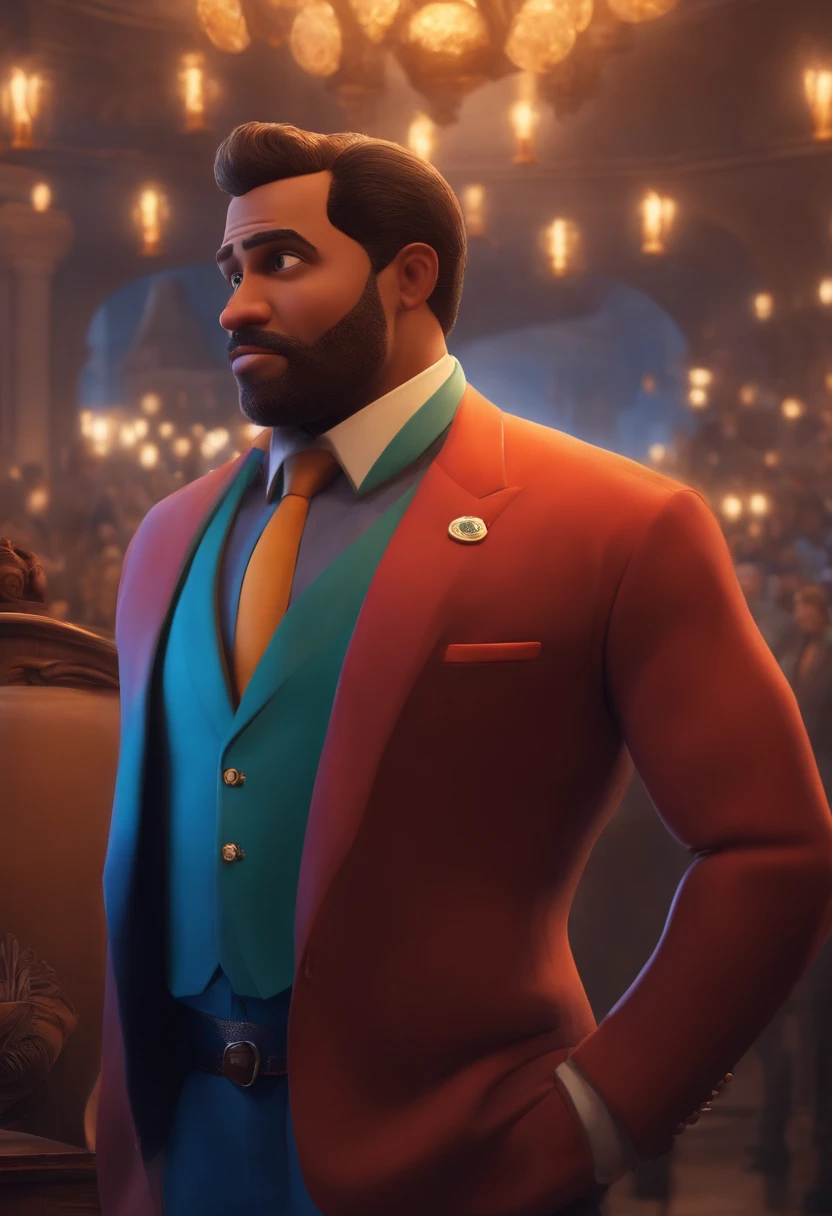 A city councilman looking at a dream project inspired by Pixar animation, de perto. The character takes center stage with captivating facial expressions, oferecendo um toque de irrealidade
