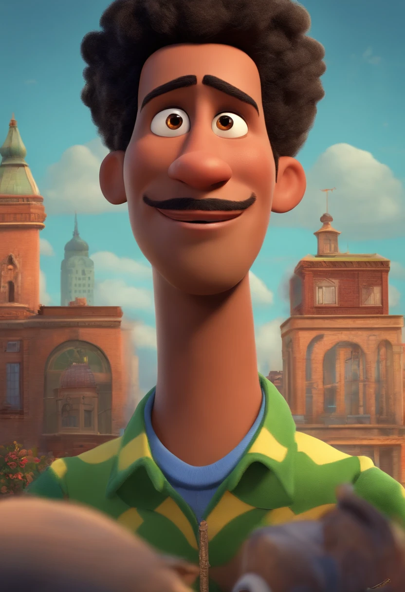 A city councilman looking at a dream project inspired by Pixar animation, de perto. The character takes center stage with captivating facial expressions, oferecendo um toque de irrealidade