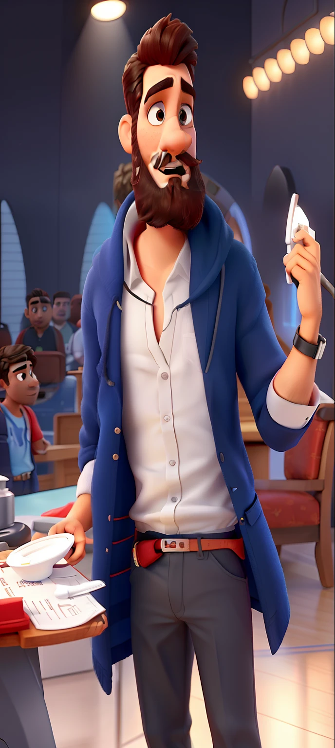 Pode melhorar barba mais rala com uns fios brancos, Make the full body appearing white red shoes. Man stands on black background on a speaker-like stage with microphone in one hand and book in the other in Disney pixar style best quality, maior qualidade.