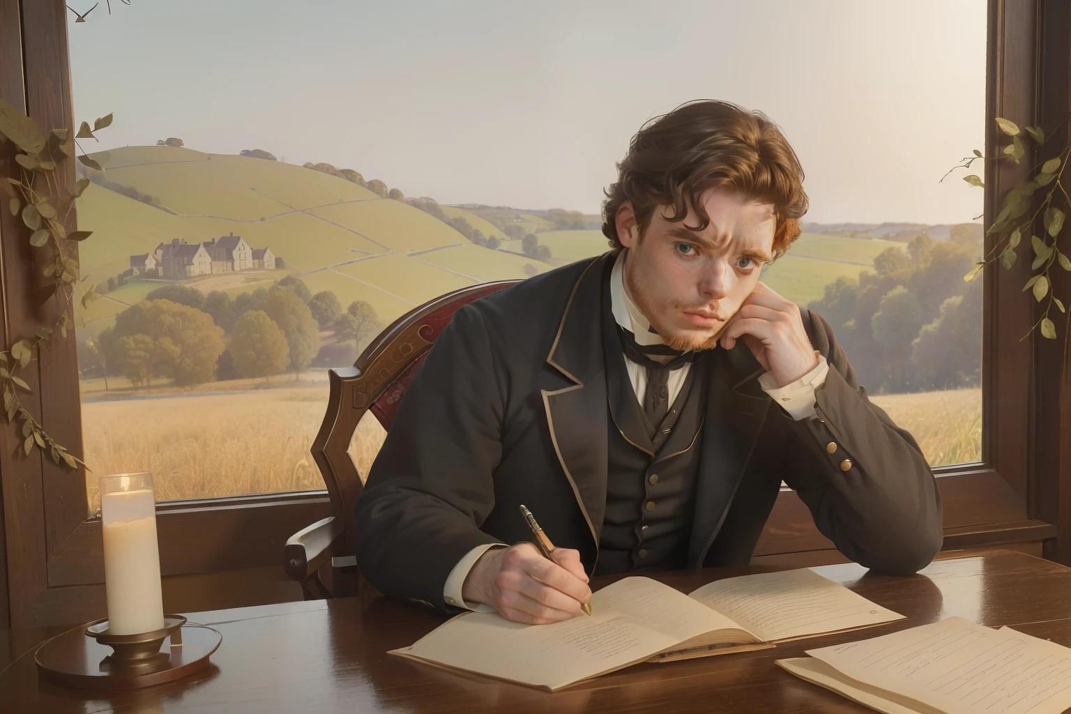 year: 1860. Location: Rock Island, Illinois. Pre-Raphaelite (((42-year-old Richard Madden))), reading a letter, ((worried look)), home desk, ((((rural Clothing from the 1860s)))) ((Hairstyle of the 1860s)), ((("OMITB" cinematography)))