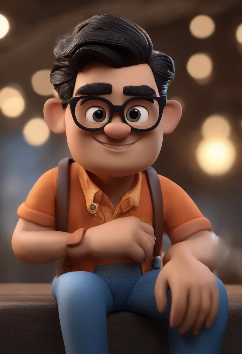 Cartoon character of a man with black glasses, cabelo cacheado marrom escuro e uma camisa azul, animation character, Caractere estilizado, animation style rendering, 3D estilizado, Arnold Maya render, 3 d render stylized, toon render keyshot, Personagem 3D, Personagem 3D, 3d rendering stylized, 3 d character render, personagem de desenho animado, Personagem de close up, Pose de personagem,  (Estilo Pixar) (master part:1.2) (Bokeh) (best quality) (pele detalhada) (textura detalhada) (8k) (argila) (Cinematic lighting) (foco nítido