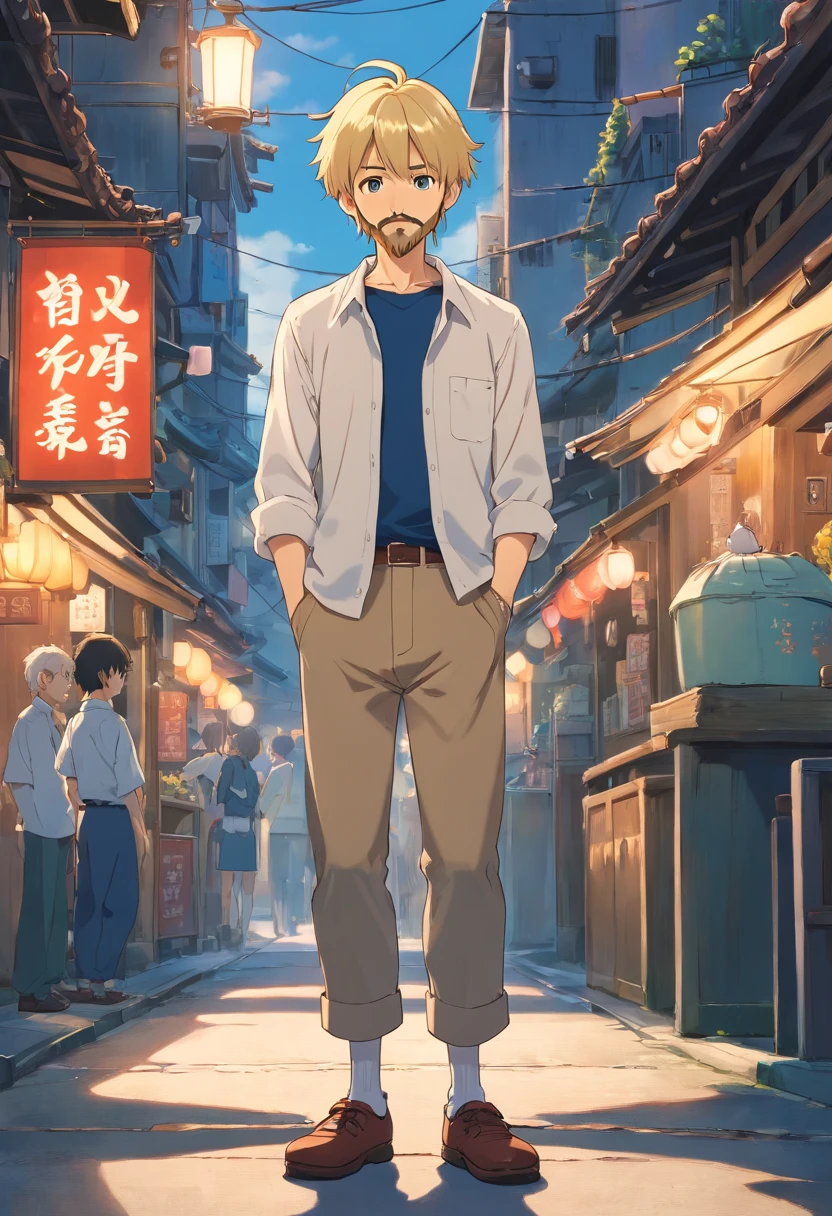 Very short blonde, short-haired Japanese anime man with beard, 40 years old, full body, wearing dark blue set-up, white shirt, urban