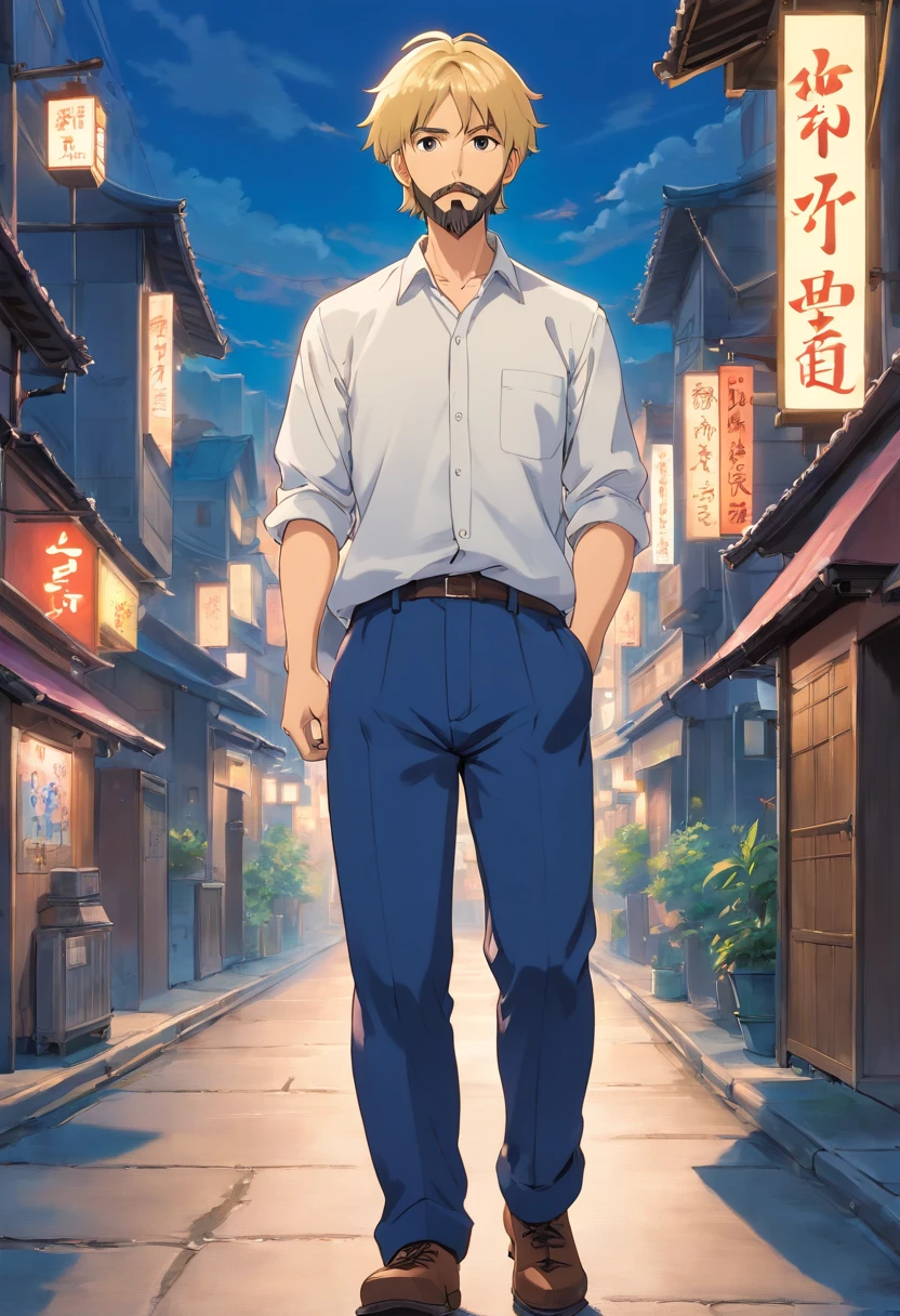 Very short blonde, short-haired Japanese anime man with beard, 40 years old, full body, wearing dark blue set-up, white shirt, urban