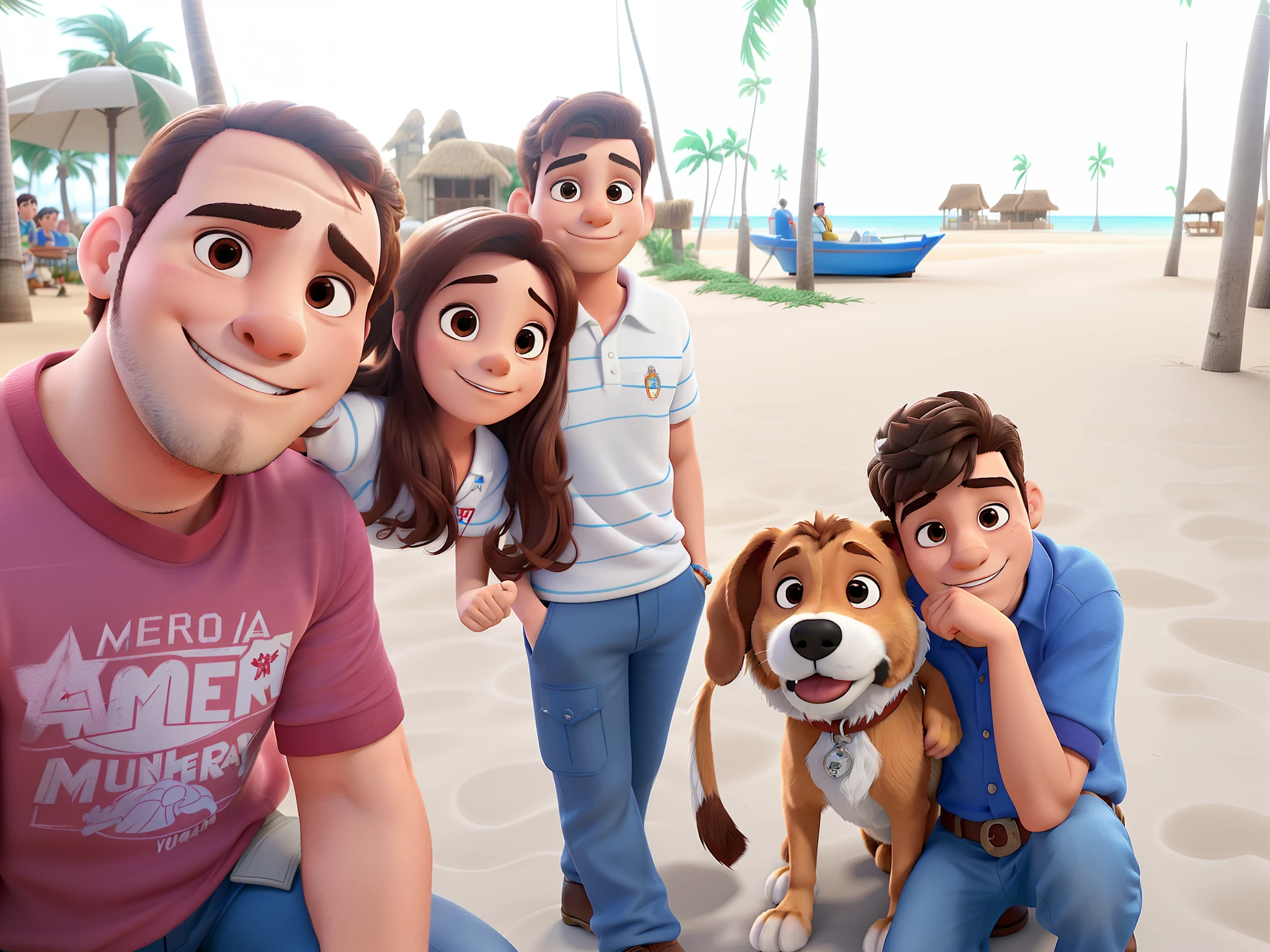 Casal (homem moreno e mulher branca, menino branco 6 anos, cachorro caramelo ao lado de menino brancos de 9 anos, praia no estilo Disney Pixar, alta qualidade, melhor qualidade.