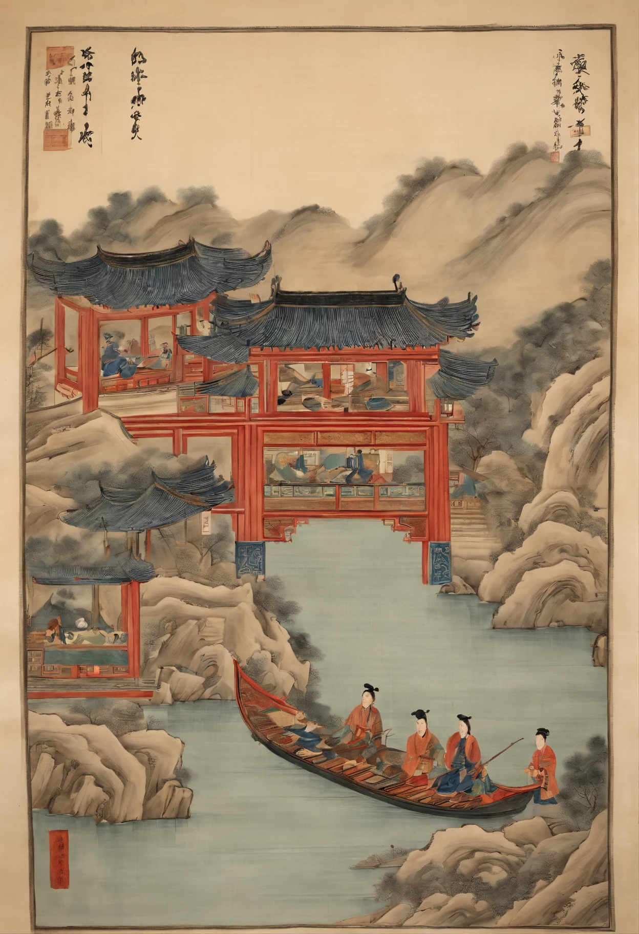 Hundred views of the Ming Dynasty,Kaido outdoor cafeteria 铺子,rowing,Fuqin,Tea,Play,Watching dramas and other life content,It looks like trade is booming,Lots of shops,A lively sight,There is a lot of furniture from the Ming Dynasty,Hand-painted scrolls,100 views