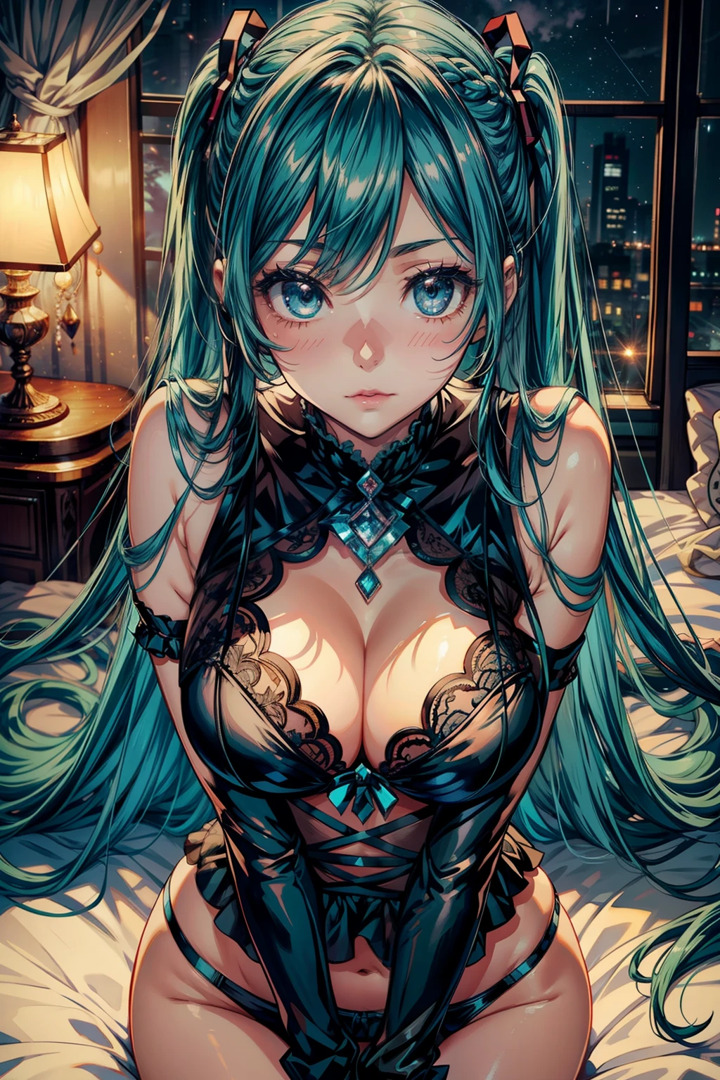 （tmasterpiece、Need、Ultra-delicate、A high resolution），Close-up Shot Shot，The camera slammed into the wall，Hatsune Miku looks directly into the camera, And wink playfully. 比基尼, ，Huge sagging breasts，(Long loose hair: 1.9), Wink playfully at the camera, sensual lingerie, the night，extreme light，meteor shower,((Solo)))