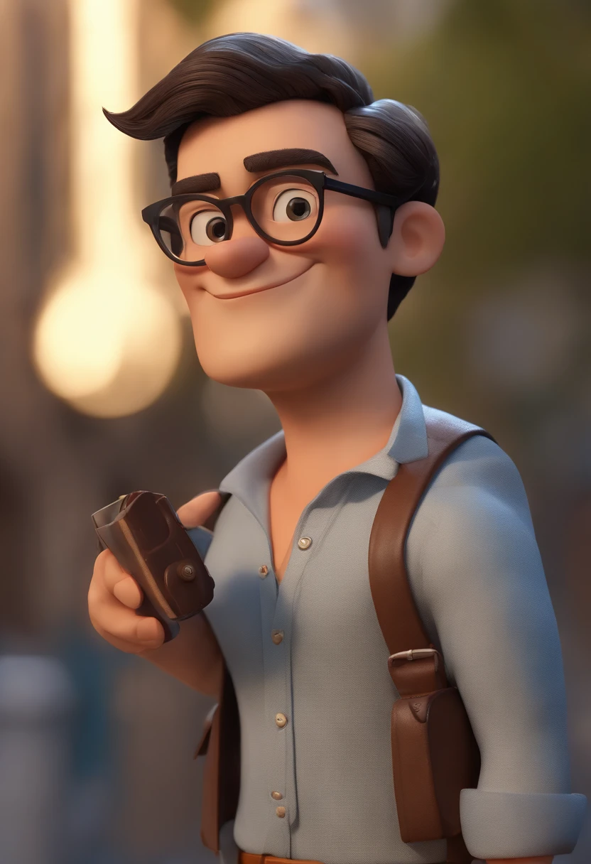 Cartoon character of a man with black glasses, cabelo cacheado marrom escuro e uma camisa azul, animation character, Caractere estilizado, animation style rendering, 3D estilizado, Arnold Maya render, 3 d render stylized, toon render keyshot, Personagem 3D, Personagem 3D, 3d rendering stylized, 3 d character render, personagem de desenho animado, Personagem de close up, Pose de personagem,  (Estilo Pixar) (master part:1.2) (Bokeh) (best quality) (pele detalhada) (textura detalhada) (8k) (argila) (Cinematic lighting) (foco nítido