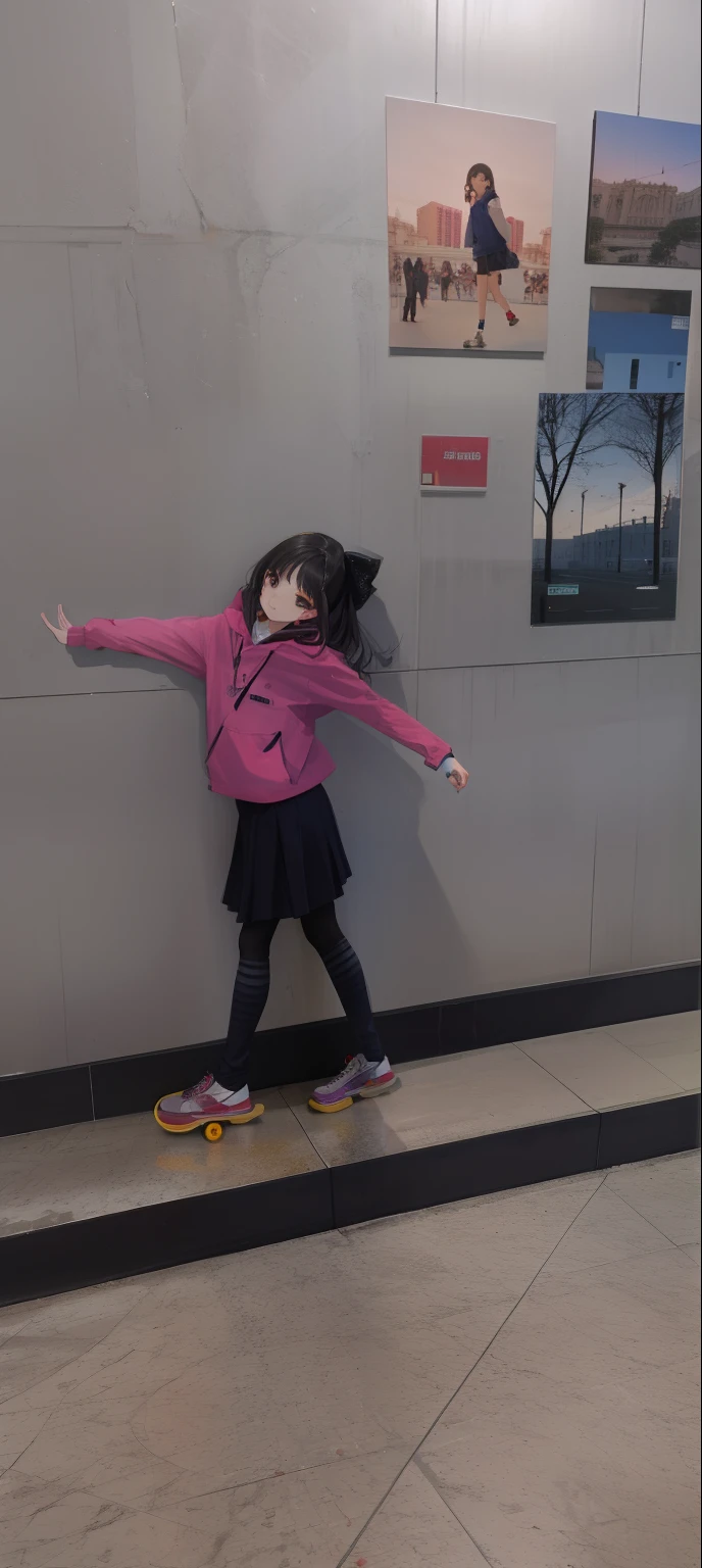 Arafed girl standing on a skateboard in a hallway, Pendurado no Louvre, leaning against the wall, no corredor da escola, in a subway, no museu, posando como uma modelo em queda, em um museu, encostado na parede, no museu, taken on a 2010s camera, taken on a 2000s camera