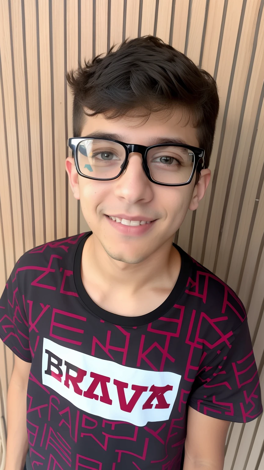 Boy in glasses and black shirt with red lettering, wearing black frame glasses, mateus 9 5, wearing black rimmed glasses, wearing glack glasses, !!wearing modern glasses!!, Directed by: Nandor Soldier, Directed by: Samuel Silva, Reyyan, wearing square glasses, caio santos, Riyahd Cassiem, bespectacled