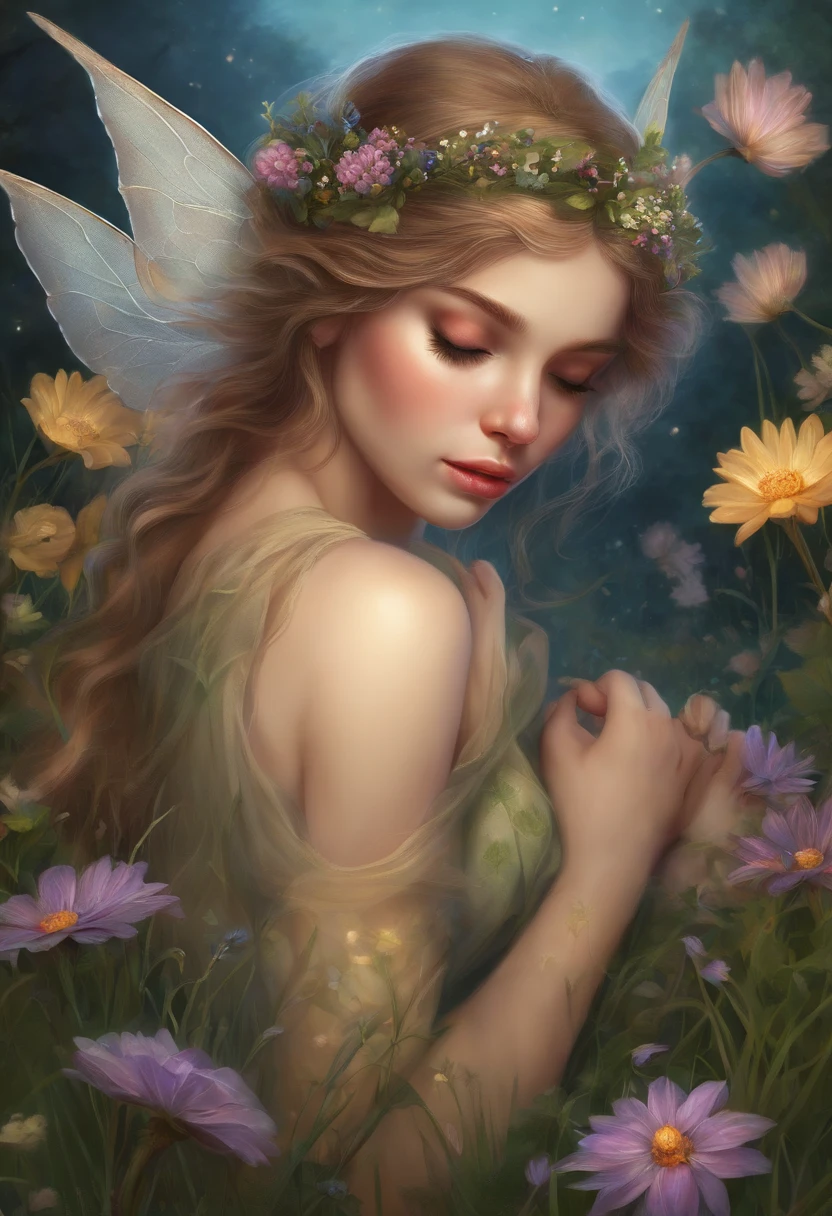 best quality,highly detailed,masterpiece,ultra-detailed,illustration,fairy,sleeping,in a meadow,smirk