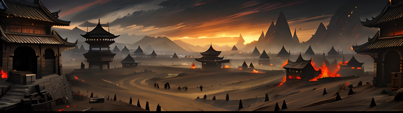 There is a fantasy scenario，There is fire, Chinese Burning Battlefield Background, fantasy apocalypse environment, War landscape, battle landscape, 4k morrowind concept art, apocalyptic scenery, The consequences of the Great War, apocalyptic landscape, background artwork, painted as a game concept art, Background: Battle scene, bloodbath battlefield background, dota! matte painting concept art，cinematic lighting, chiaroscuro, high detail, high detail, Surrealism, Social realism, Sony FE GM, Ultra-Wide Angle, panorama, projected inset