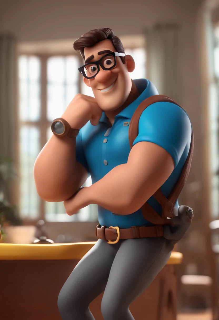 Cartoon character of a man with black glasses and a blue shirt, animation character, Caractere estilizado, animation style rendering, 3D estilizado, Arnold Maya render, 3 d render stylized, toon render keyshot, Personagem 3D, Personagem 3D, 3d rendering stylized, 3 d character render, personagem de desenho animado, Personagem de close up, Pose de personagem,  (Estilo Pixar) (master part:1.2) (Bokeh) (best quality) (pele detalhada) (textura detalhada) (8k) (argila) (Cinematic lighting) (foco nítido