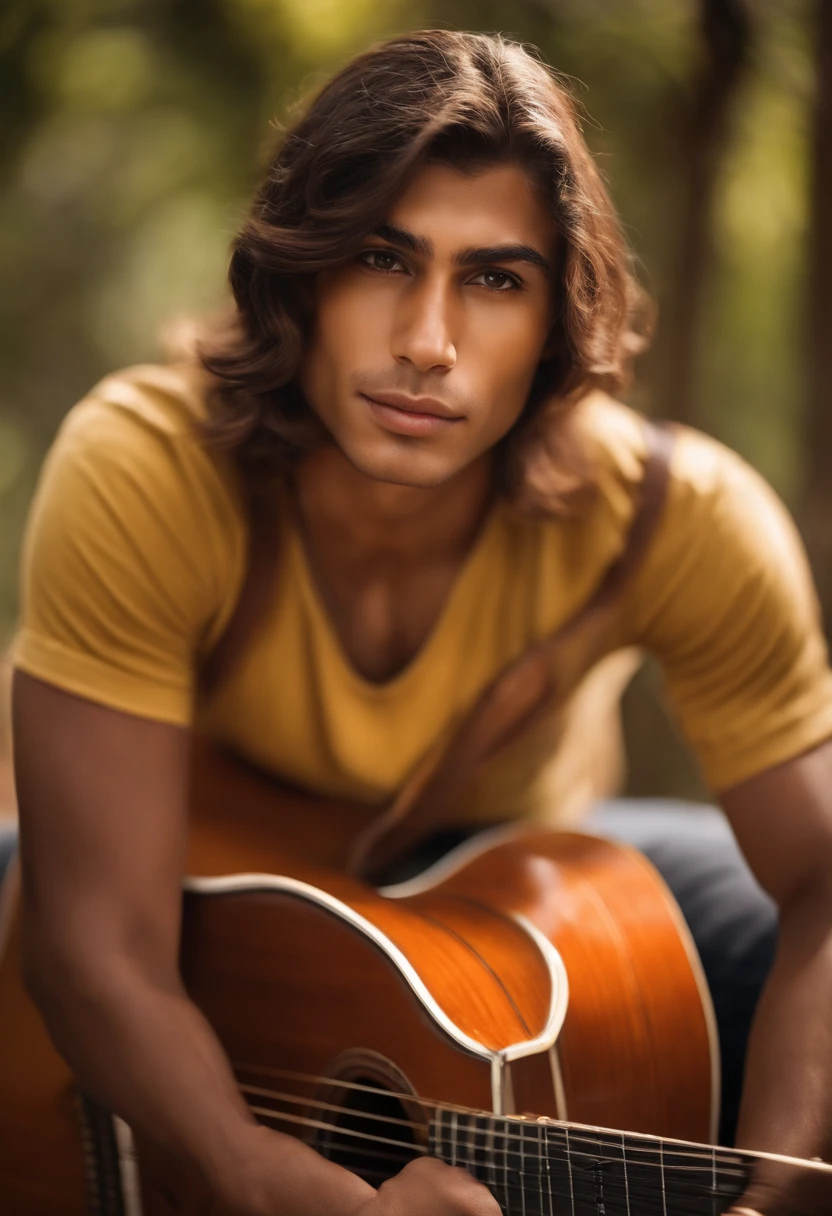 crie um banner no estilo Pixar. A boy with Indian features, moreno pardo com cabelos curtos, Castanhos escuros, Smooth and slightly graying appearance, mas jovem, usando uma camiseta, Wearing jeans and holding a classical guitar with 6 strings, rosto meio fino e comprido, thick lips, nariz levemente grande, testa grande