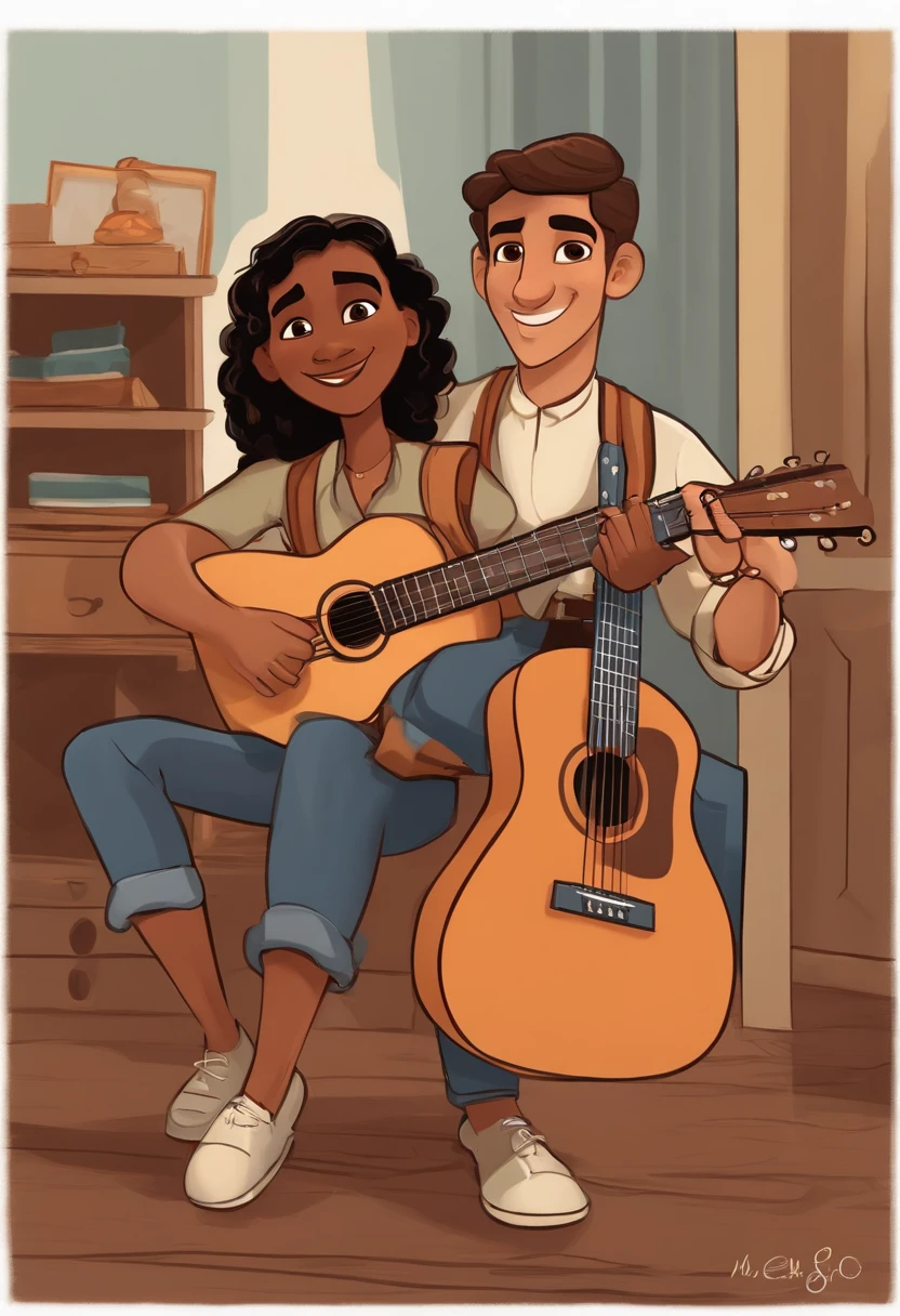 crie um banner no estilo Pixar. A boy with Indian features, moreno pardo com cabelos curtos, Castanhos escuros, Smooth and slightly graying appearance, mas jovem, usando uma camiseta, Wearing jeans and holding a classical guitar with 6 strings, rosto meio fino e comprido, thick lips, nariz levemente grande, testa grande