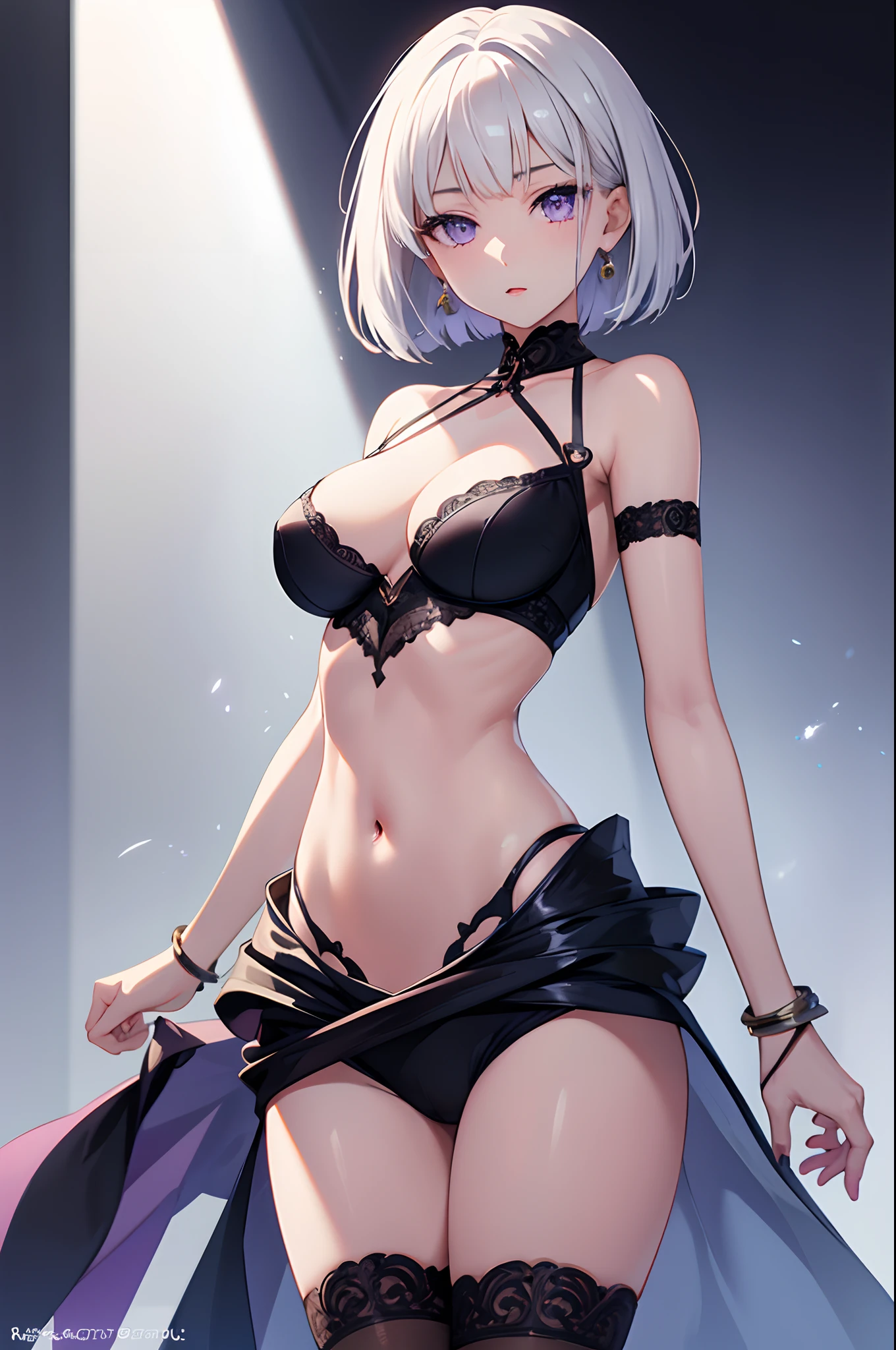 1girl, anime, cute girl, blank background, white background, fantasy, beautiful face, beautiful eyes, dark colors, short silver hair, bob cut, purple eyes, medium breasts, slight cleavage, beautiful skin, cute, breast curtains, extremely delicate and beautiful, (beautiful detailed face:1.0), (detailed deep eyes), symmetrical breasts, deep eyes, shiny skin, portrait, slender waist, hips wider than shoulders, thighs, young girl, expressionless