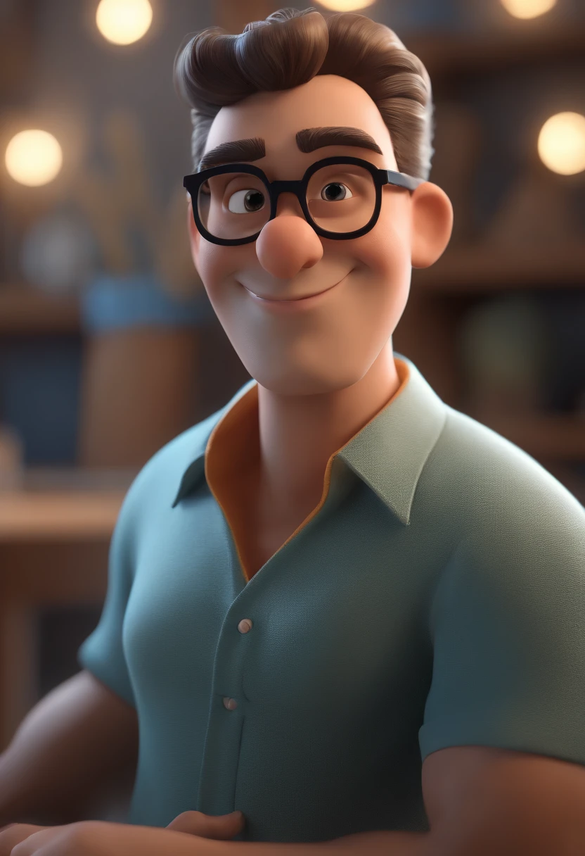 Cartoon character of a man with black glasses and a blue shirt, animation character, Caractere estilizado, animation style rendering, 3D estilizado, Arnold Maya render, 3 d render stylized, toon render keyshot, Personagem 3D, Personagem 3D, 3d rendering stylized, 3 d character render, personagem de desenho animado, Personagem de close up, Pose de personagem, (Estilo Pixar) (master part:1.2) (Bokeh) (best quality) (pele detalhada) (textura detalhada) (8k) (argila) (Cinematic lighting) (foco nítido