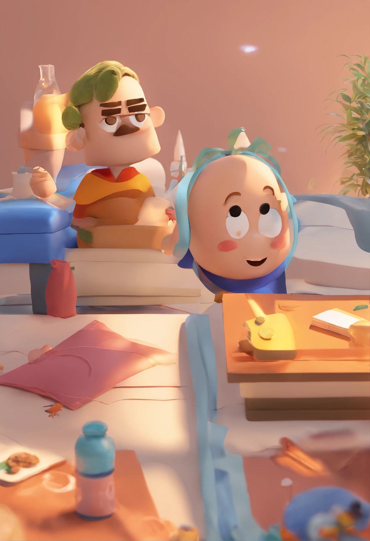 An illustration of an adorable couple, Destacando um homem e uma mulher com beleza, Expressive eyes – the man's hair is bald and brown and he has a full beard, While the woman's hair is tied up in a bun and blonde. They are a bright space, Todos com um sorriso no rosto, e compartilhe um momento especial, That is marked by love, viagem, and pedagogical insights. Ilustre esta cena a partir de uma perspectiva, where they're facing away from the camera, Show Your Connection. Desenvolva esta arte em Full HD, Focus on your cinematic touch, Estilo Disney Pixar Animations