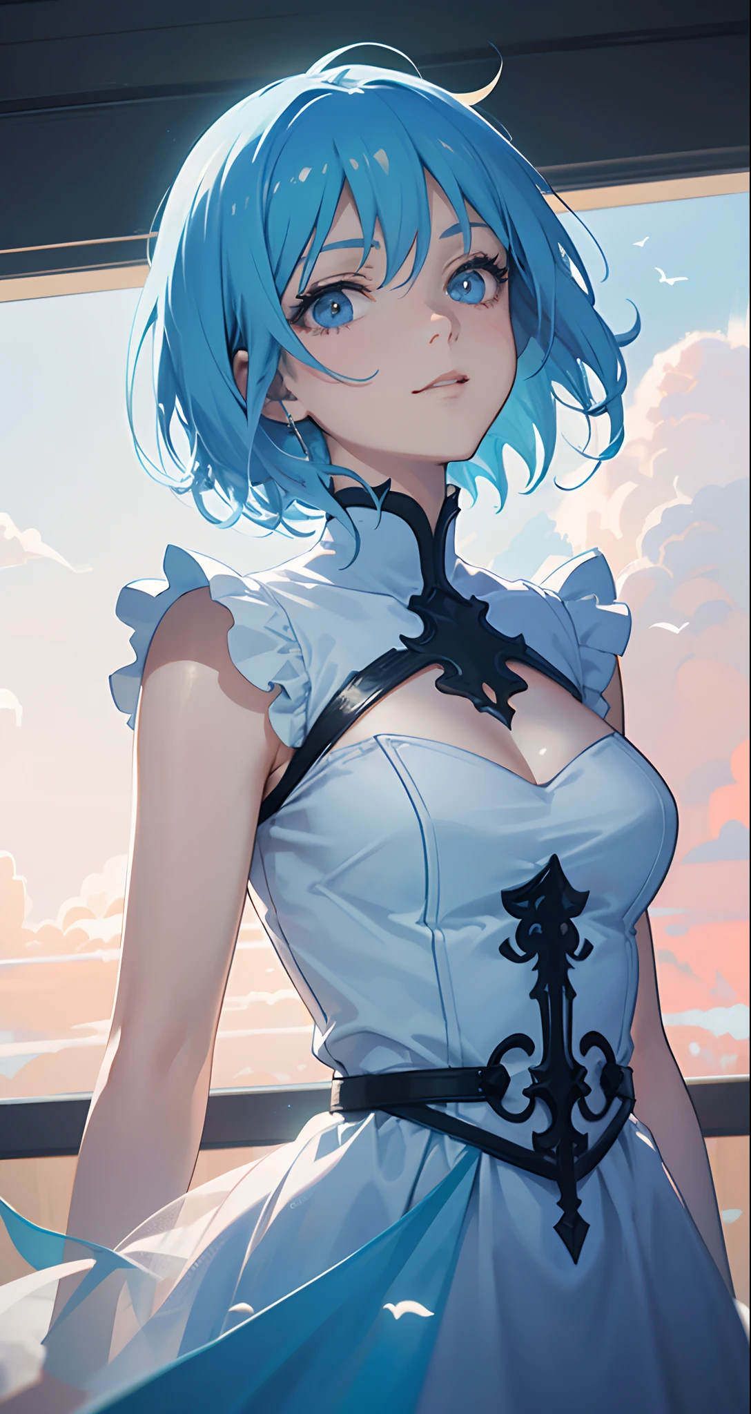 (8K, RAW Photos, of the highest quality, Highly detailed CG Unity 8k wallpaper, masutepiece: 1.2), girl, Beautiful hair in light blue, Floating in the sky, Cloud Girl, Clouds, (close-up: 1.1), ((Anime style:1.2)), Bright, Happy, Fun, Soft lighting, (Bauhaus, shape, Line, abstracted: 1.2) cornflower, Small and beautiful girl with fine eyes, Beautiful short hair in light blue color, Light blue monochromatic dress, Upper body, ((Large breasts)), ((Sexy)), The depth of field in the photo was perfect, And the lens flare added a nice touch. The fine features of his face really stood out, Eta、The score of this photo was definitely over 10. In the background, There were clouds, stunning photo，Really captured the beauty and clouds of the girl. , Accurate depiction of the iris, Look at the audience lovingly，Like a gentle goddess,
