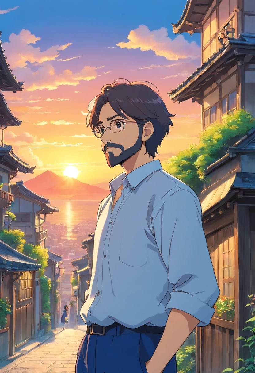 French crop hairstyle, short-haired Japanese anime man with beard, 40 years old, full body, wearing dark blue set-up, white shirt, building with sunset viewFrench crop hairstyle, short-haired Japanese anime man with beard, 40 years old, full body, wearing dark blue set-up, white shirt, building with sunset view