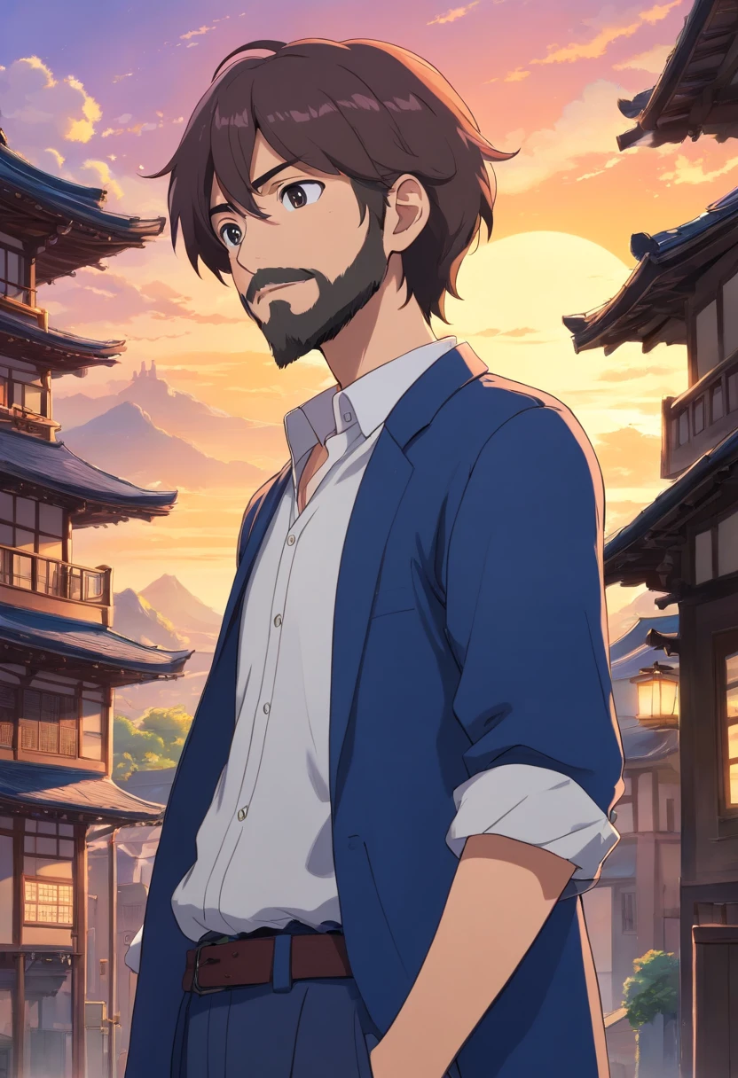 French crop hairstyle, short-haired Japanese anime man with beard, 40 years old, full body, wearing dark blue set-up, white shirt, building with sunset viewFrench crop hairstyle, short-haired Japanese anime man with beard, 40 years old, full body, wearing dark blue set-up, white shirt, building with sunset view