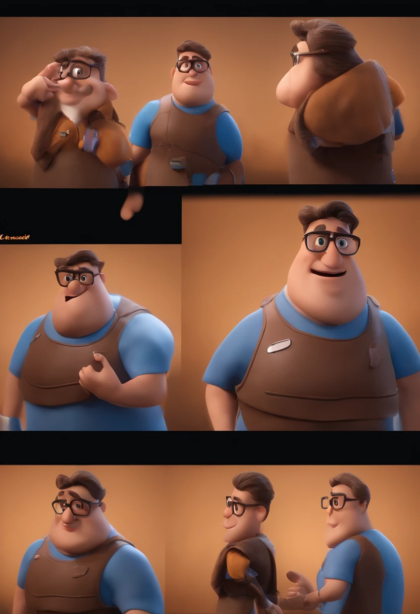 Cartoon character of a man with black glasses, cabelo cacheado marrom escuro e uma camisa azul, animation character, Caractere estilizado, animation style rendering, 3D estilizado, Arnold Maya render, 3 d render stylized, toon render keyshot, Personagem 3D, Personagem 3D, 3d rendering stylized, 3 d character render, personagem de desenho animado, Personagem de close up, Pose de personagem, (Estilo Pixar) (master part:1.2) (Bokeh) (best quality) (pele detalhada) (textura detalhada) (8k) (argila) (Cinematic lighting) (foco nítido