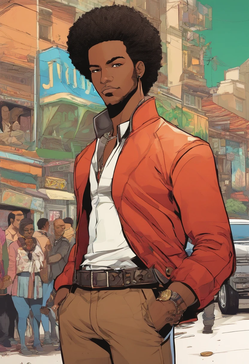 A closeup of green eyes white man with red beard and bald heads wearing fancy clothes consisting of a brown jaguar painted jacket, regata branca por baixo da jaqueta, Dark grey jeans with black belt at the waist, sapatos marrons com biqueiras douradas. He also wears two gold chain necklaces around his neck and a long necklace with three rounded black pendants in the center. Personagem afro-americano em tekken, olhos verde-escuros, penteado undercut, tiro de close-up de meio corpo, personagem masculino, only one