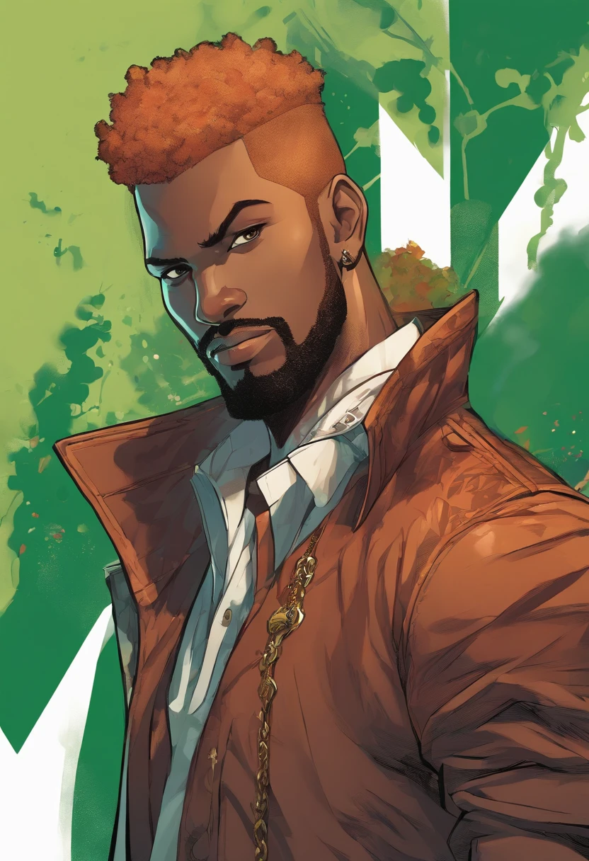 A closeup of green eyes white man with red beard and bald heads wearing fancy clothes consisting of a brown jaguar painted jacket, regata branca por baixo da jaqueta, Dark grey jeans with black belt at the waist, sapatos marrons com biqueiras douradas. He also wears two gold chain necklaces around his neck and a long necklace with three rounded black pendants in the center. Personagem afro-americano em tekken, olhos verde-escuros, penteado undercut, tiro de close-up de meio corpo, personagem masculino, only one