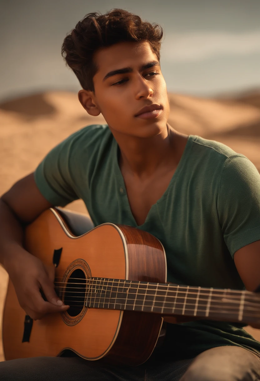 crie um banner no estilo Pixar. A boy with Indian features, moreno pardo com cabelos curtos, Castanhos escuros, Smooth, slightly grayish appearance, mas jovem, usando uma camiseta, Wearing jeans and holding a classical guitar with 6 strings, rosto meio fino e comprido, thick lips, nariz levemente grande, big forhead.