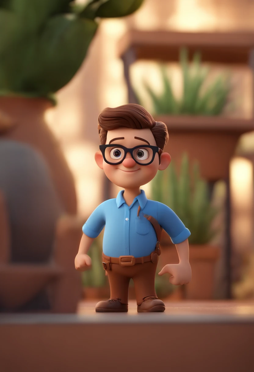 Cartoon character of a man wearing black glasses and a blue shirt, um personagem animado, Caractere estilizado, animation style rendering, 3D estilizado, Arnold Maya render, 3 d render stylized, toon render keyshot, Personagem 3D, Personagem 3D, 3d rendering stylized, 3 d character render, personagem de desenho animado, Personagem de close up, Pose de personagem, (Estilo Pixar) (master part:1.2) (Bokeh) (best quality) (pele detalhada) (textura detalhada) (8k) (argila) (Cinematic lighting) (foco nítido，Senta e vaza a parte superior do corpo