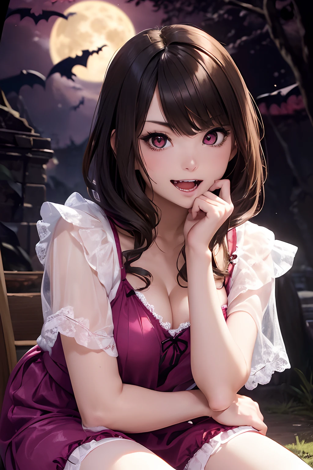 (((Vampire Fangs: 1.8)))、natta、Moon Night、deep in the night、Western-style ancient capital、european castles、a woman vampire、(((Sexy Dracula)))、(((Fang teeth:1)))、((Vampire Fangs:1))、((tusk))、female vampire、A sexy、pale skin、((pale skin))、Melancholy beautiful face、Beautiful expression、Sexy face、Nipple bumps, (((Lower breast)))、knee high socks、(((Big ))), Beautiful 、long boots、Super fine face、Delicat eyes、Double eyelids、Jump Aheface、Mansuji、Sujiman、 Line、(Doya face)、((((negligee)))),